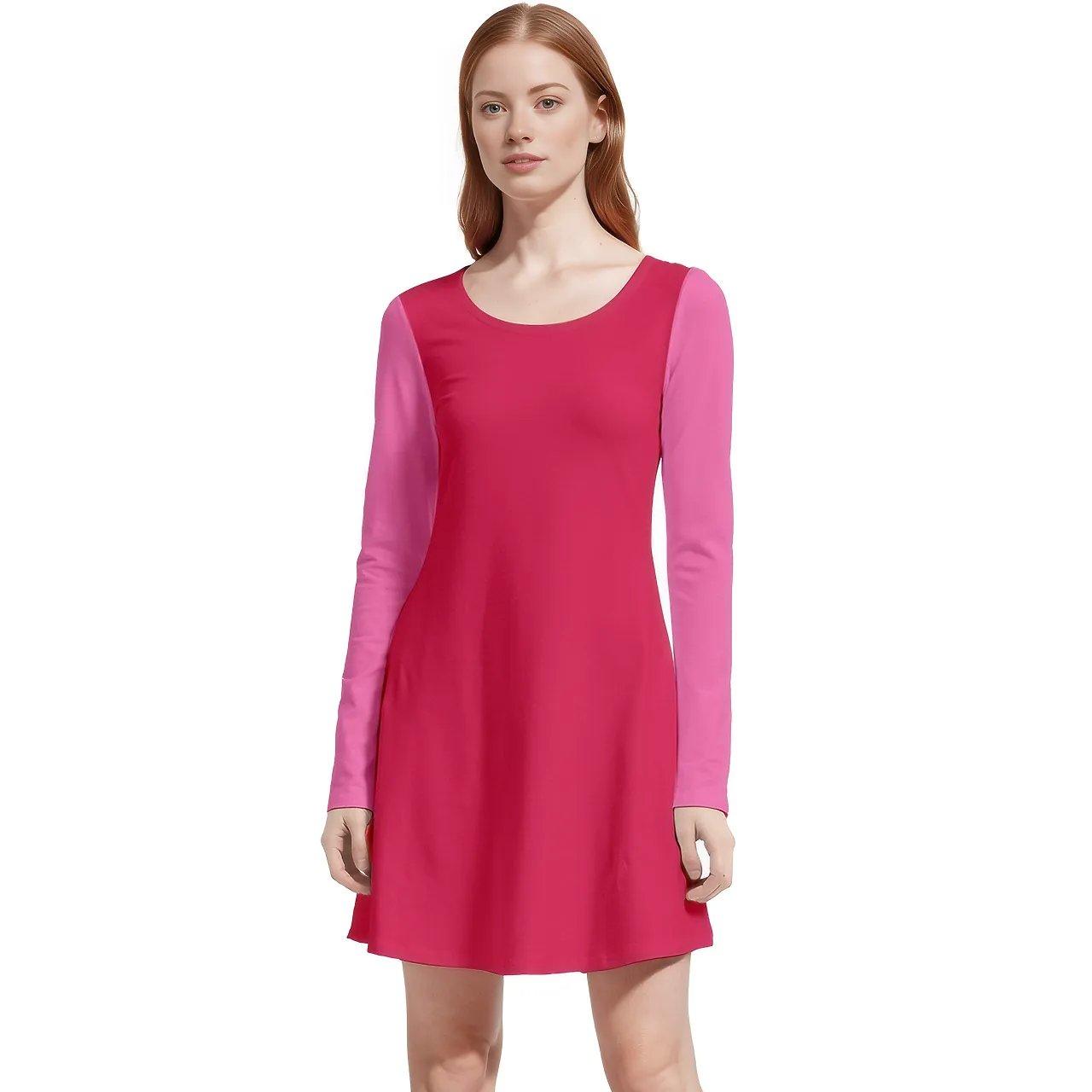 Vibrant bold Women's color-block dress in fuchsia and pink, long sleeve, scoop neck, knee-length, casual to dressy