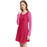 Women's color-block dress in fuchsia and pink, long sleeve, scoop neck, knee-length, casual to dressy