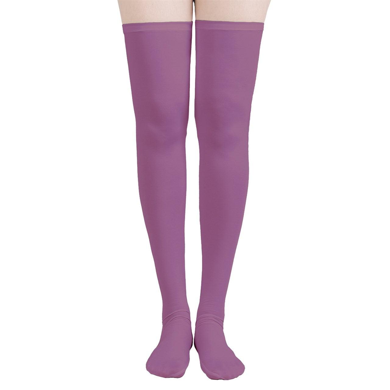 Lilac thigh-high stockings: purple violet  hosiery extending from feet to upper thighs, showcasing elegant leg-lengthening design