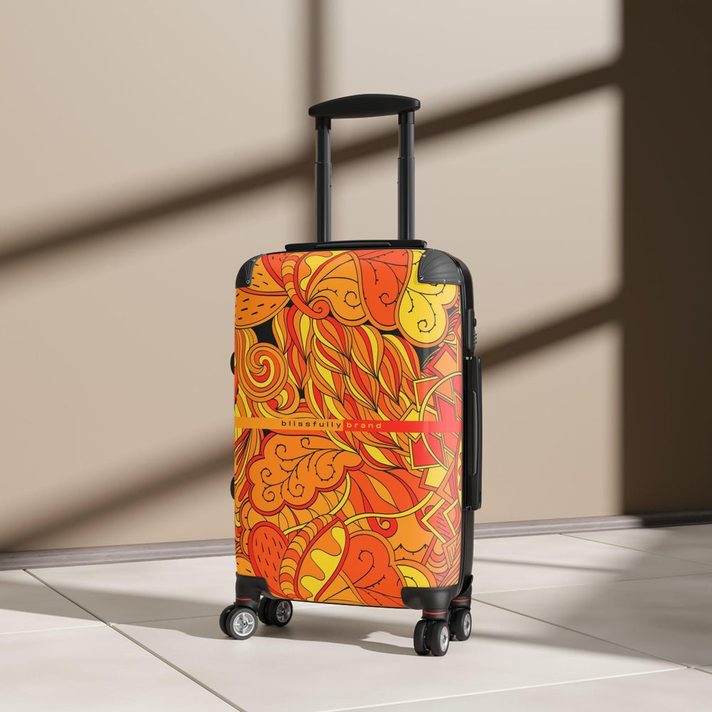 Mandra Luggage Collection - Abstract Kaleidoscope Paisley Floral Print Psychedelic Retro Swirls Funky Multicolor Check in Carry On Roller 360 Hard Shell Unique Retro Vibrant Bold Eclectic Black Orange