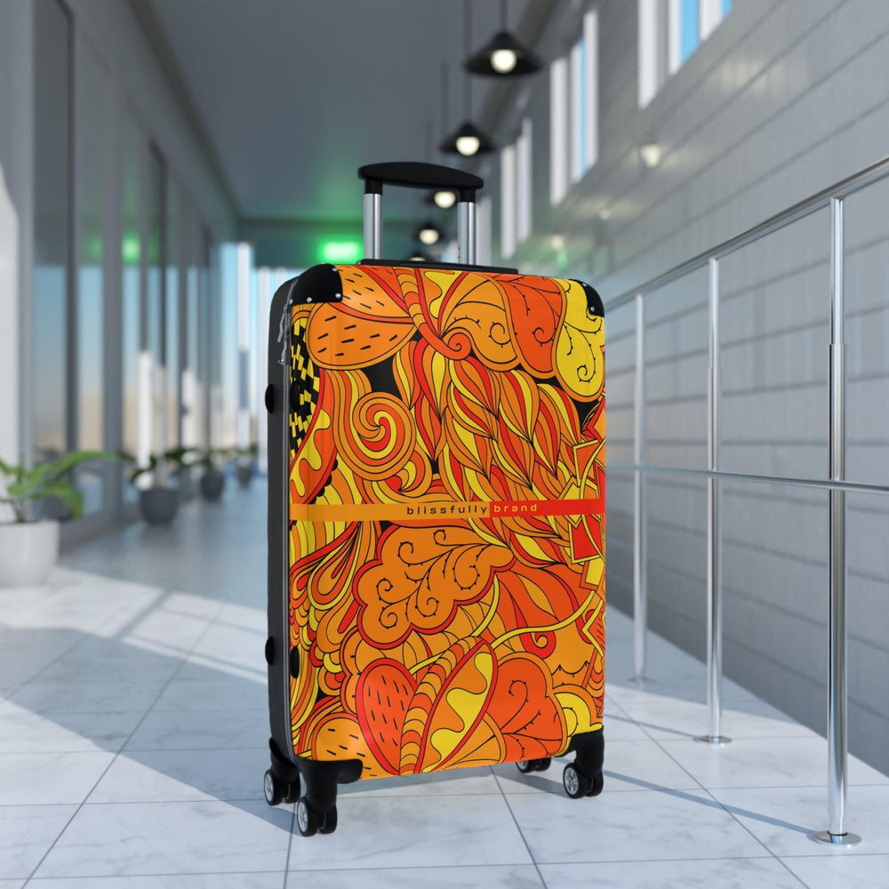 Mandra Luggage Collection - Abstract Kaleidoscope Paisley Floral Print Psychedelic Retro Swirls Funky Multicolor Check in Carry On Roller 360 Hard Shell Unique Retro Vibrant Bold Eclectic Black Orange