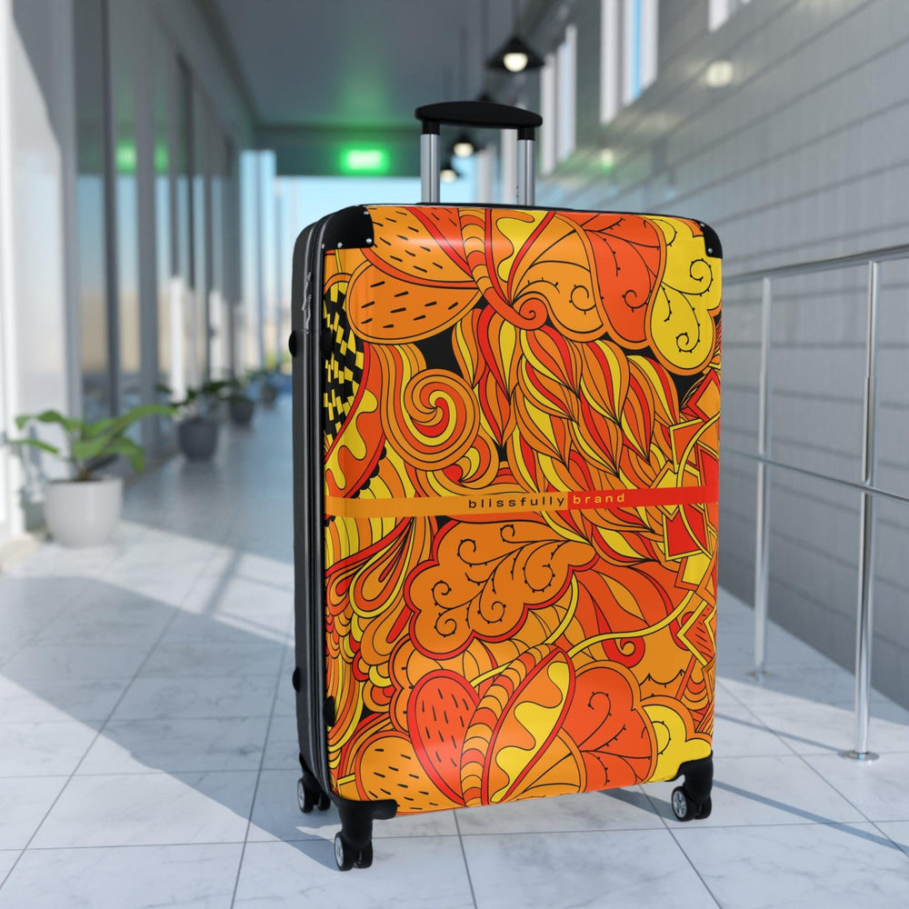 Mandra Luggage Collection - Abstract Kaleidoscope Paisley Floral Print Psychedelic Retro Swirls Funky Multicolor Check in Carry On Roller 360 Hard Shell Unique Retro Vibrant Bold Eclectic Black Orange