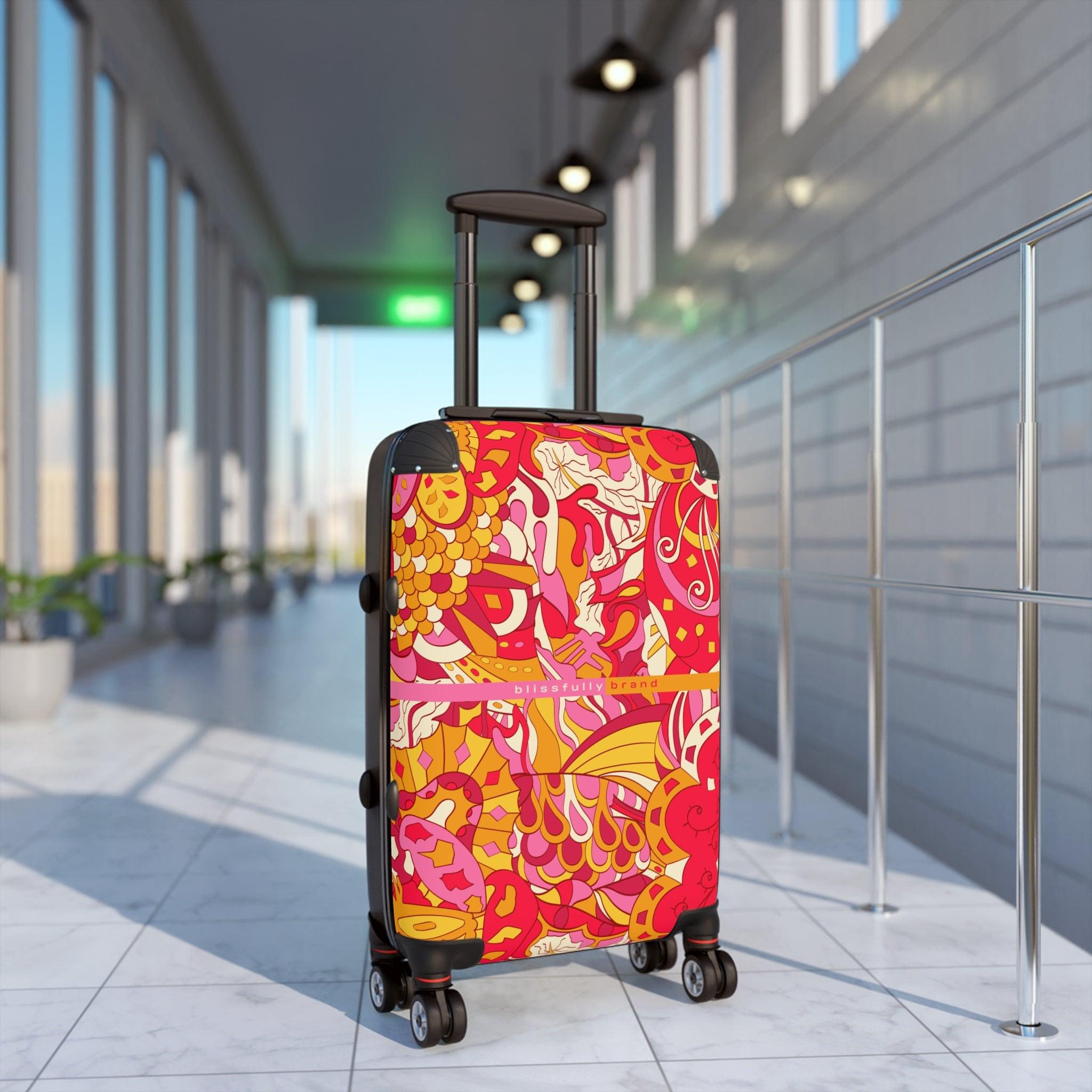 Decora Luggage Collection - Abstract Kaleidoscope Paisley Floral Print Psychedelic Retro Swirls Funky Red Pink Multicolor Check in Carry On Roller 360 Hard Shell Unique Retro Vibrant Bold