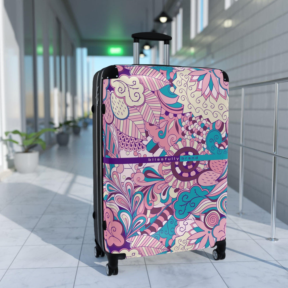 Antina Luggage Collection - Abstract Kaleidoscope Paisley Floral Print Psychedelic Retro Violet Pink Swirls Funky Multicolor Check in Carry On Roller 360 Hard Shell Unique Retro