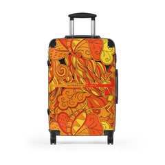 Mandra Luggage Collection - Abstract Kaleidoscope Paisley Floral Print Psychedelic Retro Swirls Funky Multicolor Check in Carry On Roller 360 Hard Shell Unique Retro Vibrant Bold Eclectic Black Orange