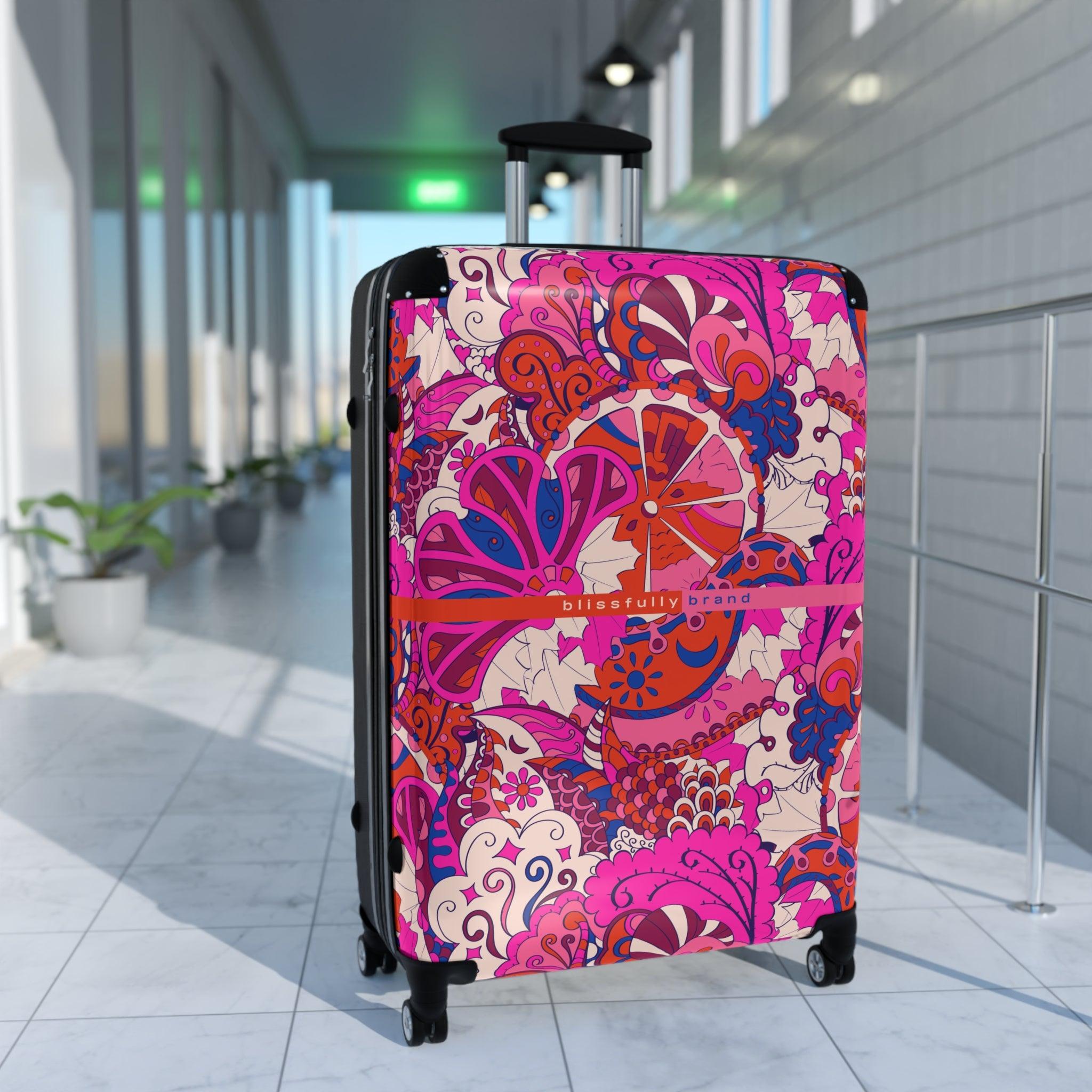 Sameria Luggage Collection - Abstract Kaleidoscope Paisley Floral Print Psychedelic Retro Swirls Funky Multicolor Check in Carry On Roller 360 Hard Shell Unique Retro Vibrant Bold Pink Red