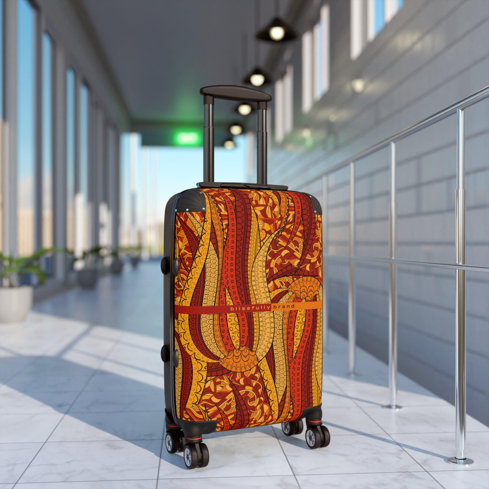 Ame Luggage Collection - Abstract Kaleidoscopic Tribal Print Psychedelic Retro Orange Dark Light Multicolor Check in Carry On Roller 360 Hard Shell Unique Retro