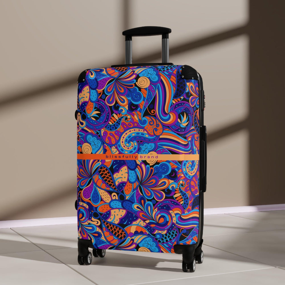 Jina Luggage Collection - Abstract Kaleidoscope Paisley Floral Print Psychedelic Retro Swirls Funky Multicolor Check in Carry On Roller 360 Hard Shell Unique Retro Vibrant Bold Blue Orange