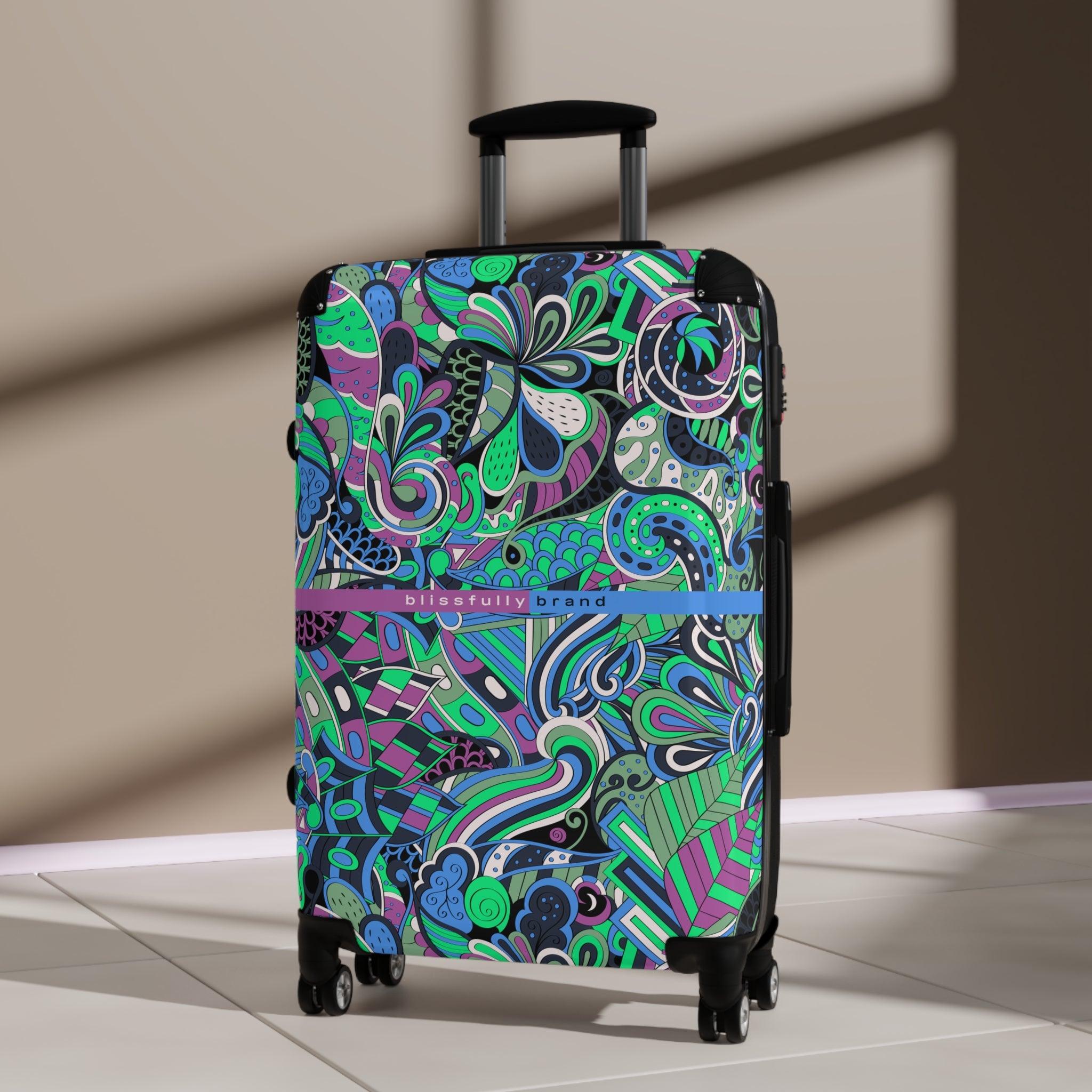 Nela Luggage Collection - Abstract Kaleidoscope Paisley Floral Print Psychedelic Retro Swirls Funky Multicolor Check in Carry On Roller 360 Hard Shell Unique Retro Vibrant Bold Eclectic Boho Chic Blue Green