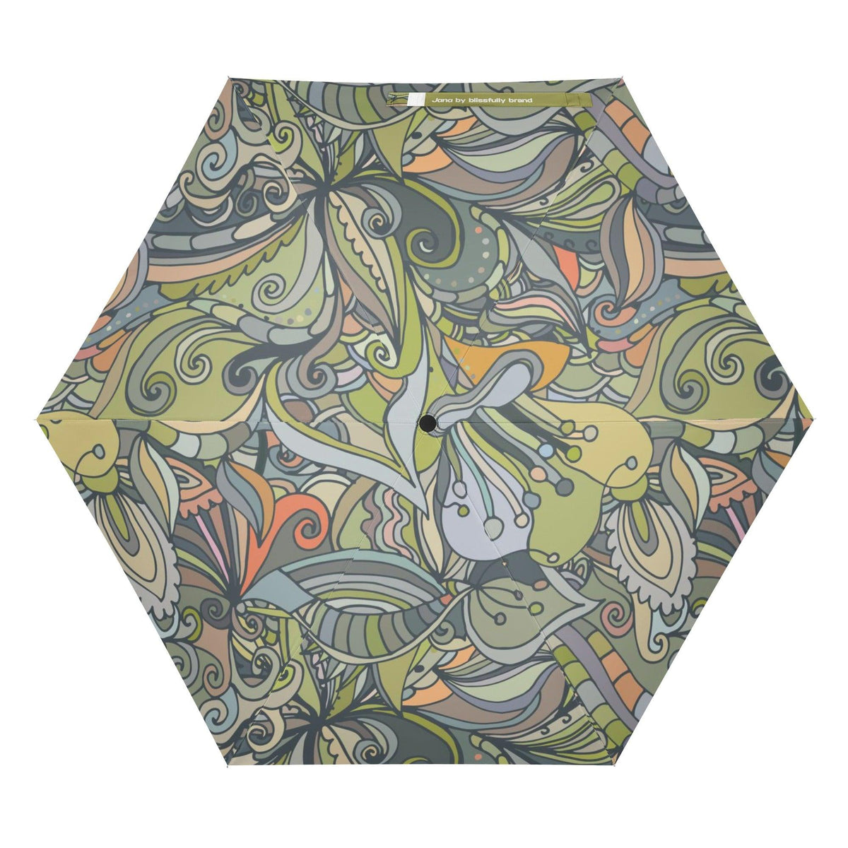 Jana Auto Open & Close Umbrella - Abstract Paisley Print Funky Green Yellow Brown Swirls Retro Bold Compact Women's