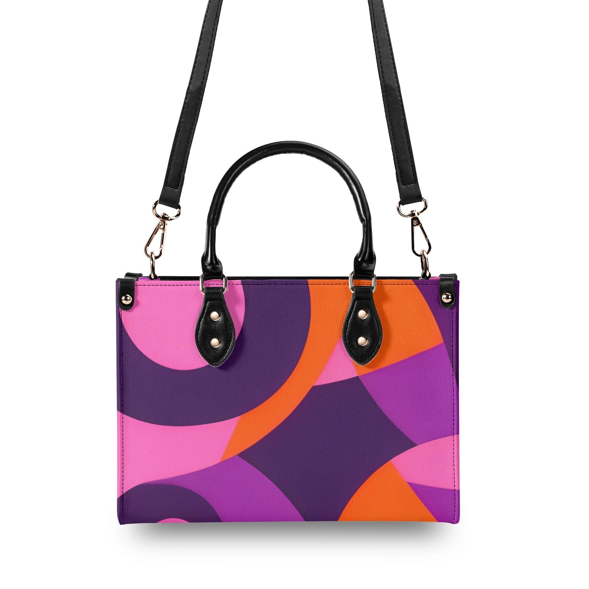 Airline Series 239 Box Satchel - Abstract Geometric Violet Pink Orange Mod Retro Bold Vibrant Funky Black Faux Leather Vegan Handbag Shoulder Bag Blissfully Brand