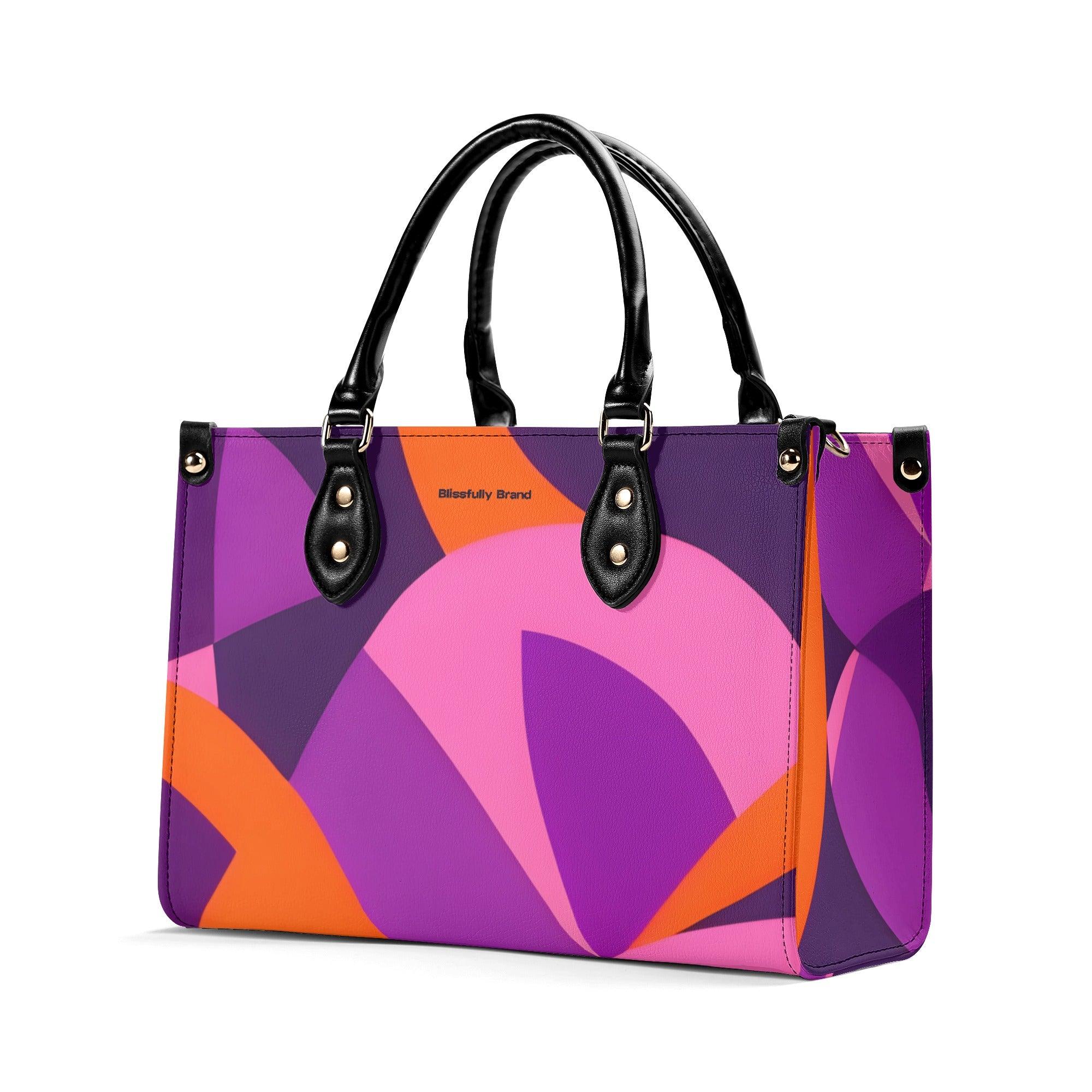 Airline Series 239 Box Satchel - Abstract Geometric Violet Pink Orange Mod Retro Bold Vibrant Funky Black Faux Leather Vegan Handbag Shoulder Bag Blissfully Brand