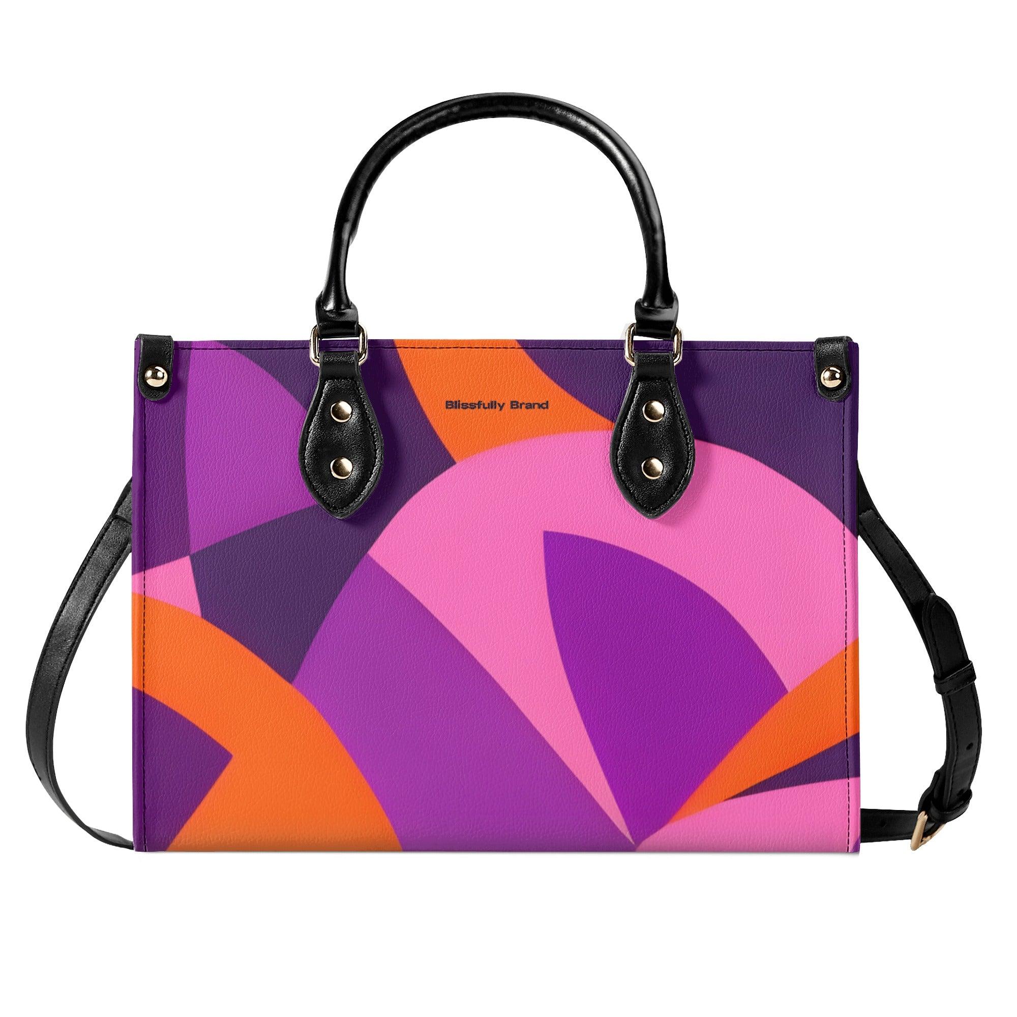 Airline Series 239 Box Satchel - Abstract Geometric Violet Pink Orange Mod Retro Bold Vibrant Funky Black Faux Leather Vegan Handbag Shoulder Bag Blissfully Brand Psychedelic 70's pop art
