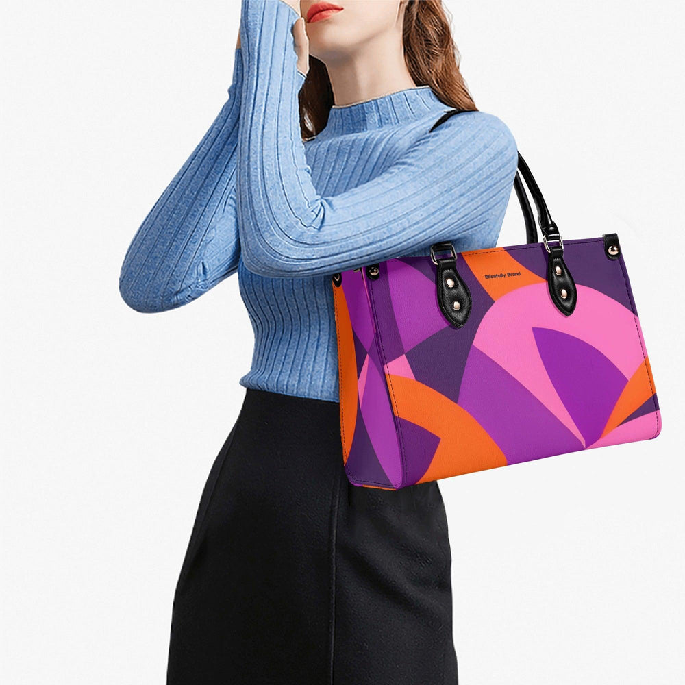 Airline Series 239 Box Satchel - Abstract Geometric Violet Pink Orange Mod Retro Bold Vibrant Funky Black Faux Leather Vegan Handbag Shoulder Bag Blissfully Brand