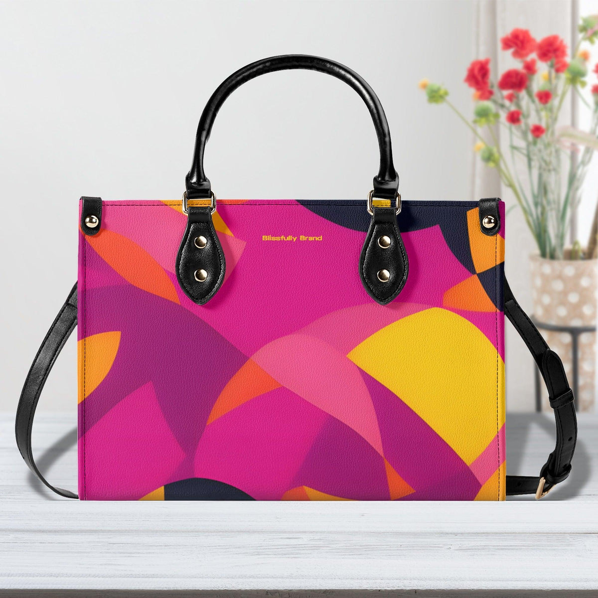 Airline Series 929 Box Satchel Handbag - Abstract Print Mod Retro Vibrant Small Medium Large Shoulder Bag Black Pink Yellow Orange Multicolor