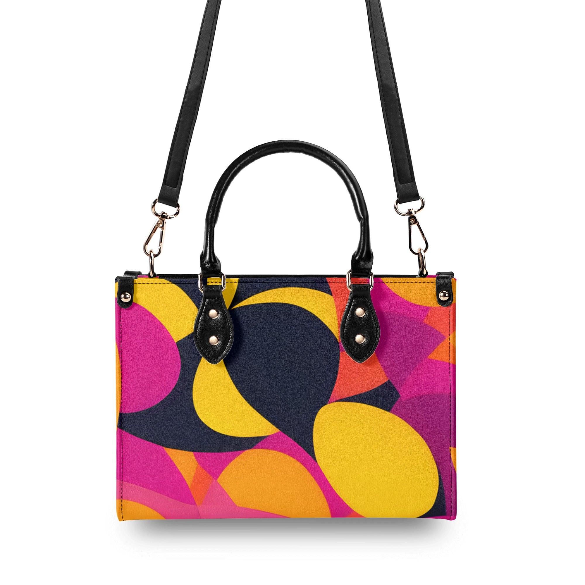 Airline Series 929 Box Satchel Handbag - Abstract Print Mod Retro Vibrant Small Medium Large Shoulder Bag Black Pink Yellow Orange Multicolor