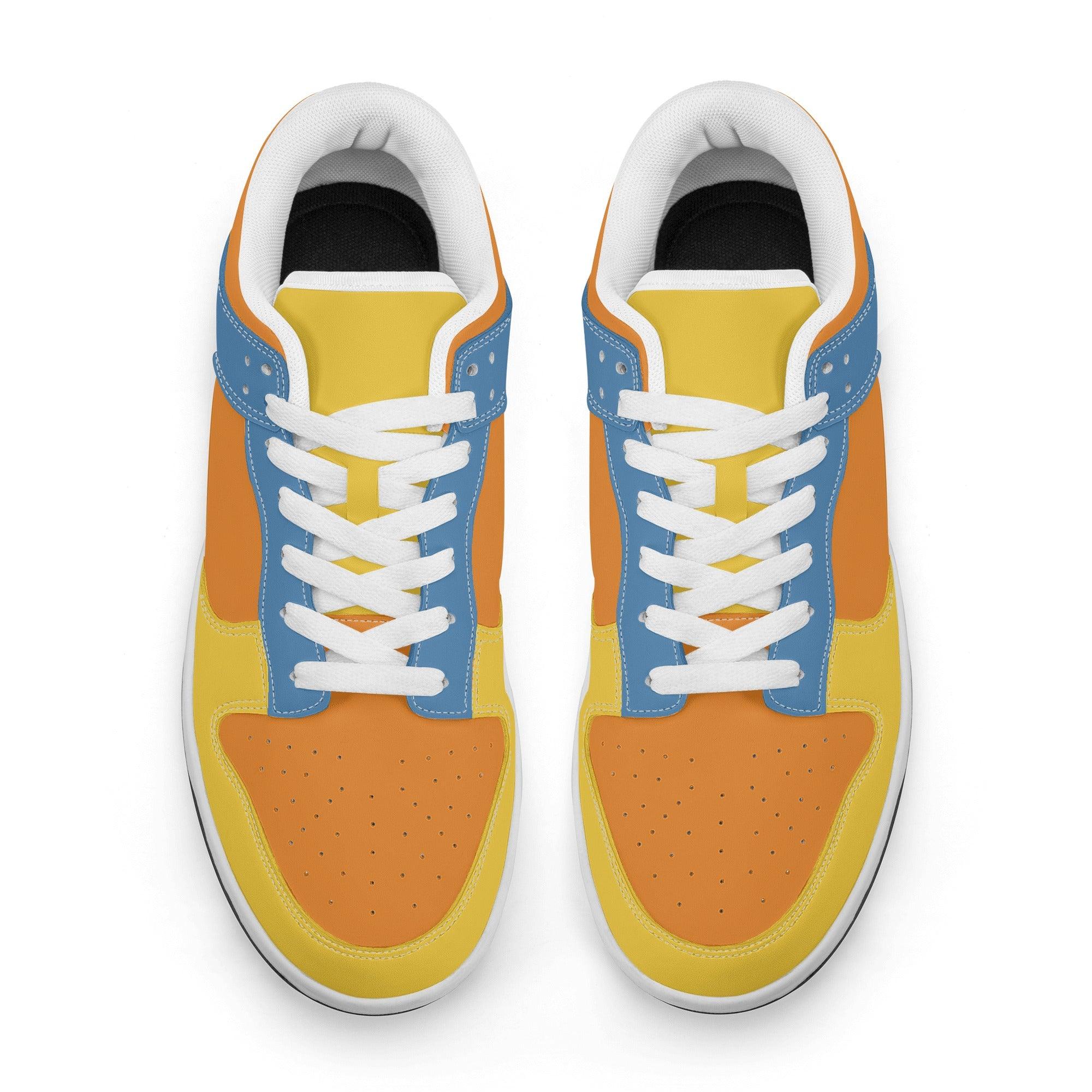 Pinsa Tri-Color Women's Low Top Skate Sneakers - Blue Orange Yellow Retro Color Block Vegan Leather Laces Bold Vibrant Multicolor