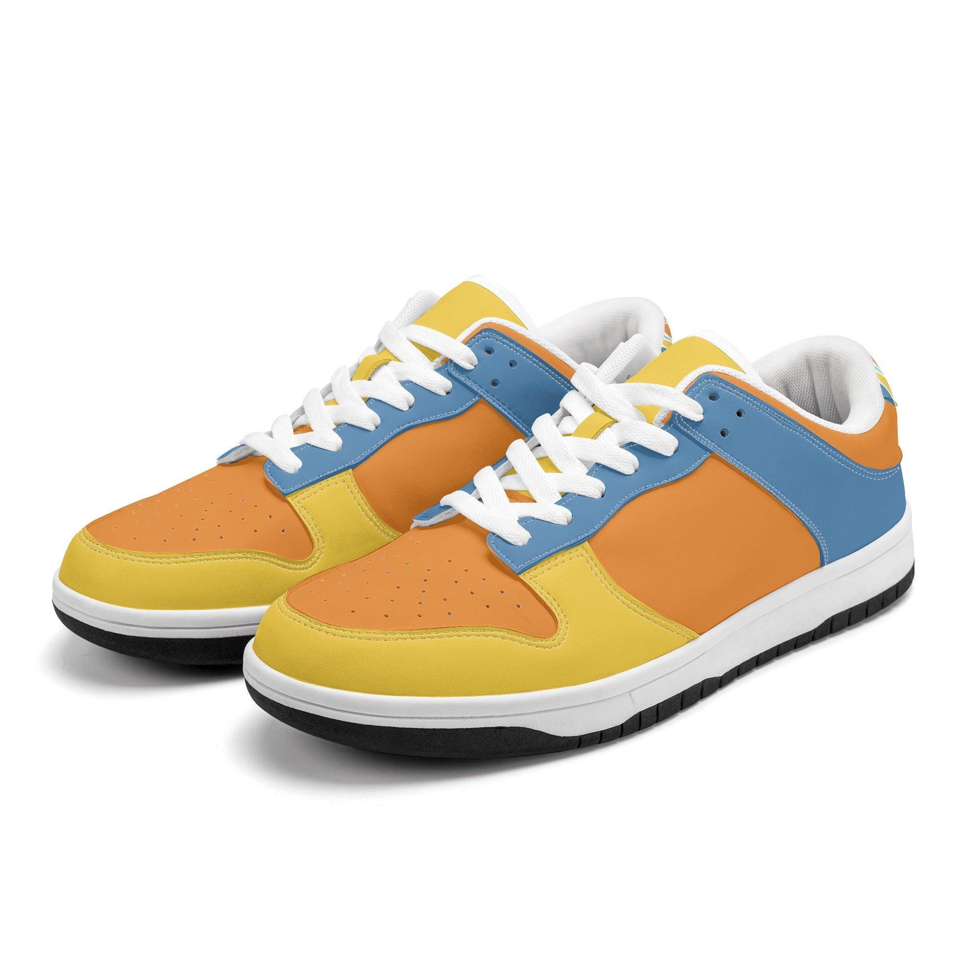 Pinsa Tri-Color Women's Low Top Skate Sneakers - Blue Orange Yellow Retro Color Block Vegan Leather Laces Bold Vibrant Multicolor