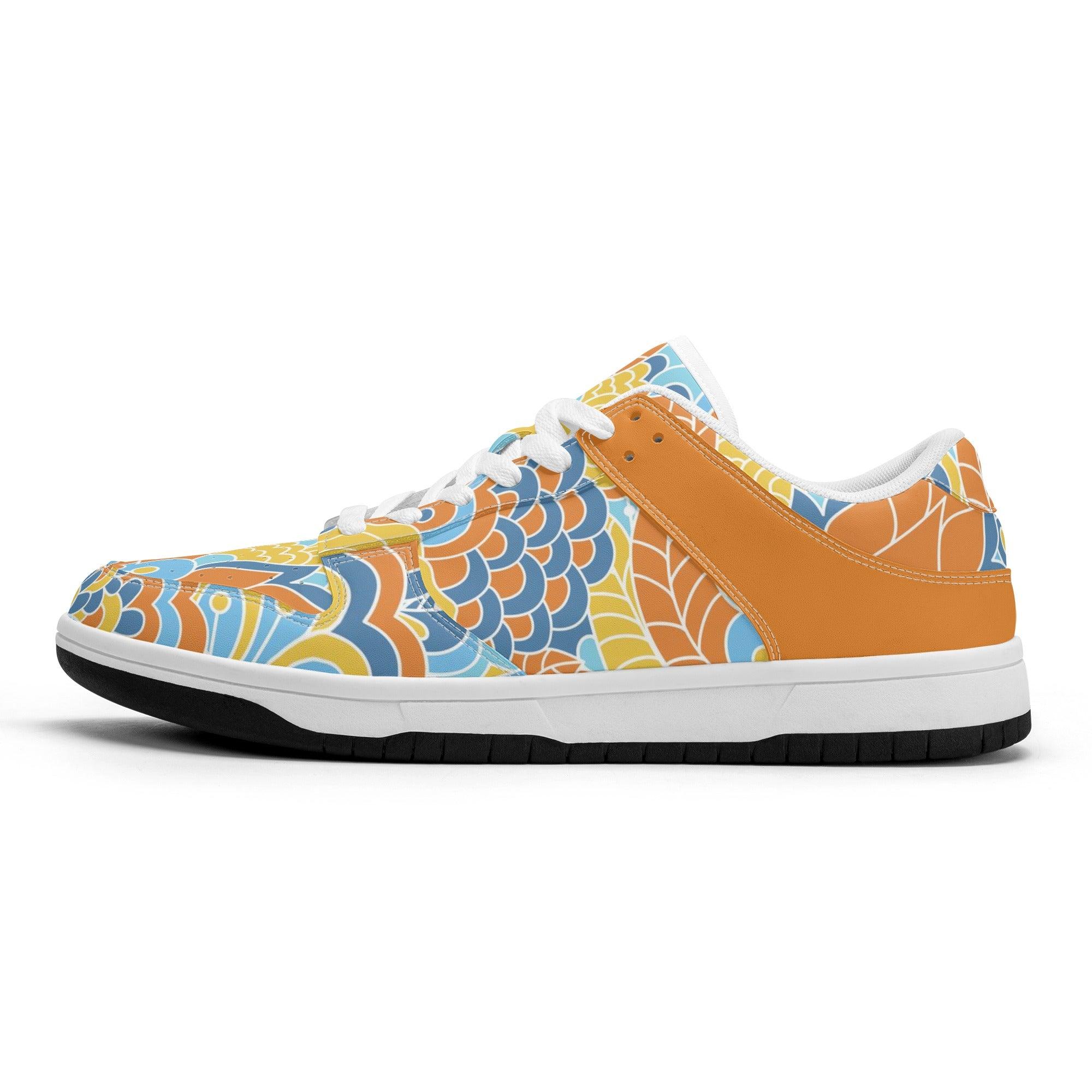 Pinsa Floral Paisley Women's Low Top Skate Sneakers - Orange Retro Multicolor Funky Pattern Lace Up Flower Power