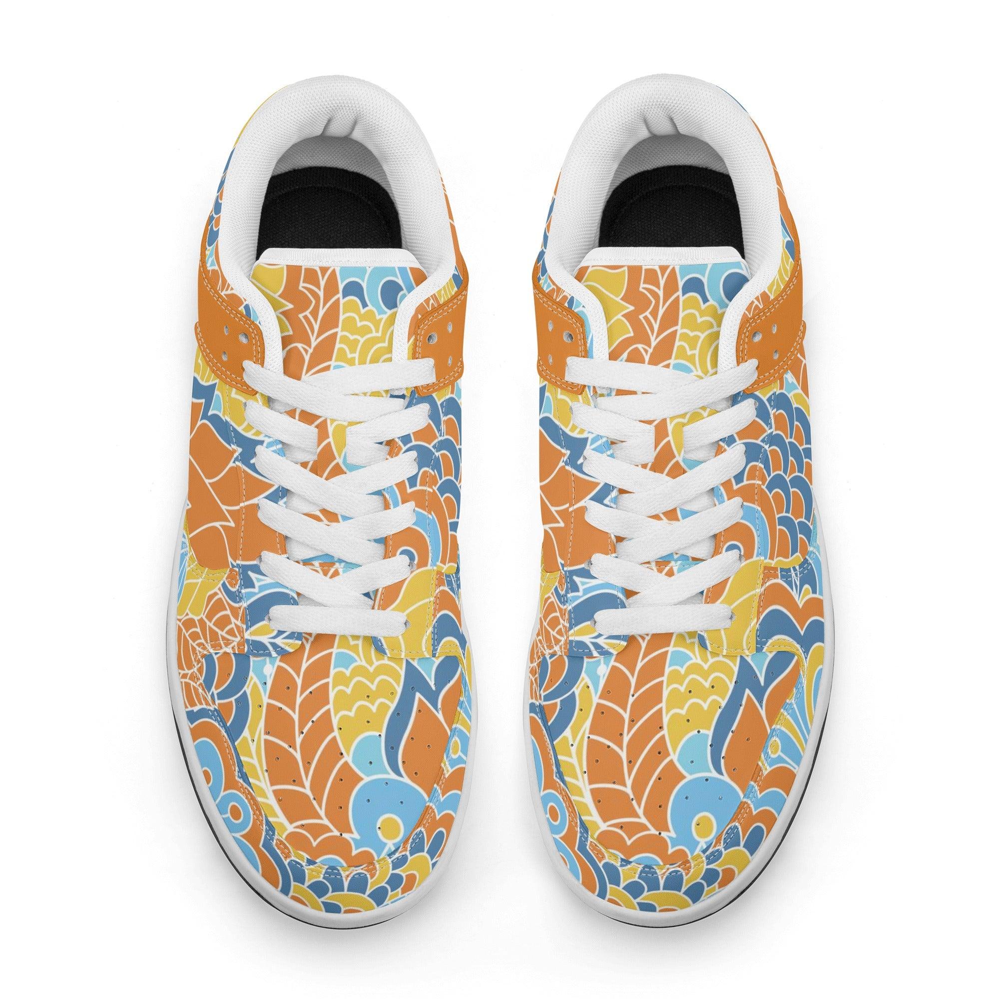 Pinsa Floral Paisley Women's Low Top Skate Sneakers - Orange Retro Multicolor Funky Pattern Lace Up Flower Power