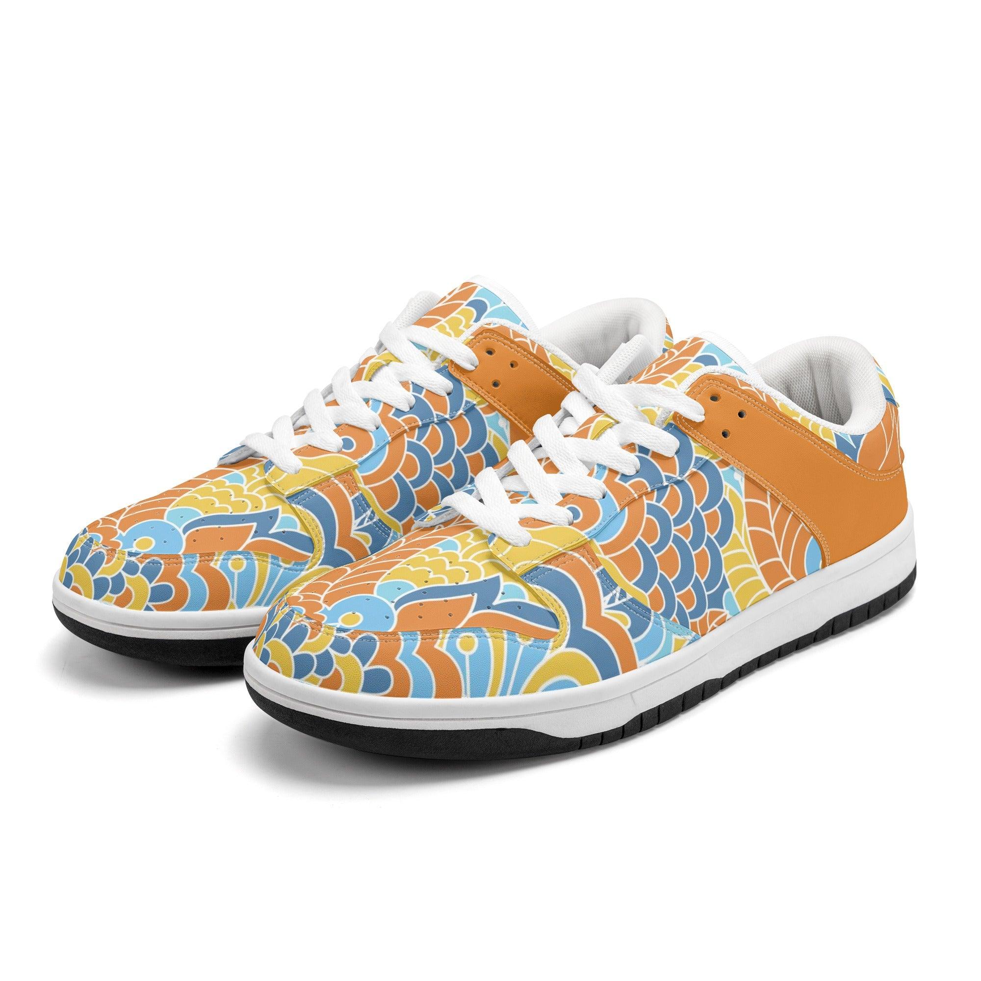 Pinsa Floral Paisley Women's Low Top Skate Sneakers - Orange Retro Multicolor Funky Pattern Lace Up Flower Power