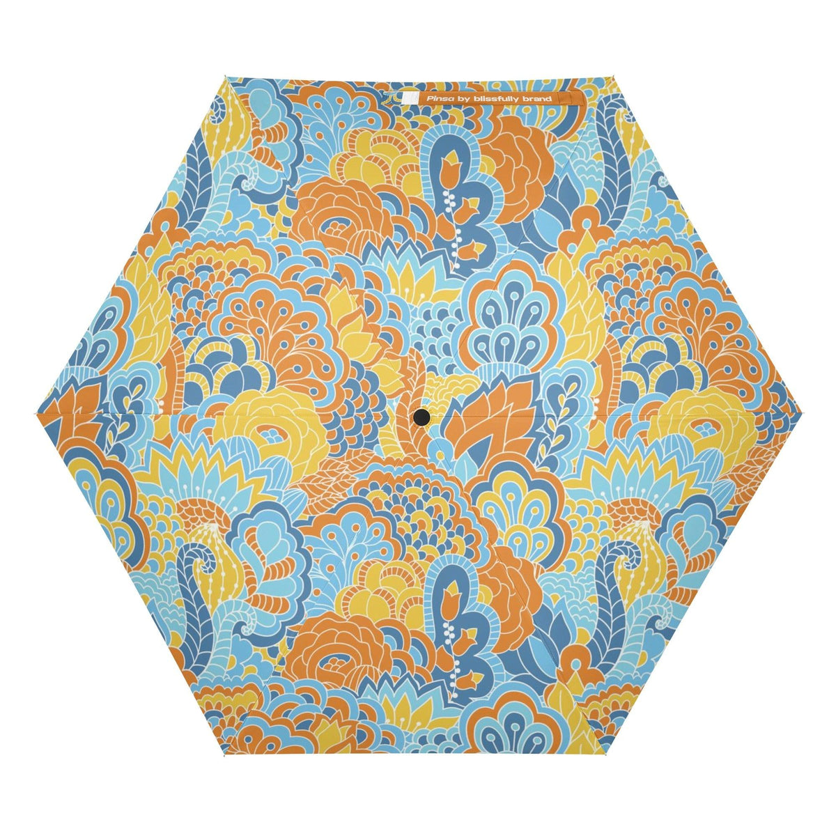 Pinsa Auto Open & Close Umbrella - Retro Psychedelic Flower Power Floral Paisley Funky Compact Bold Vibrant Portable Blue Orange Yellow