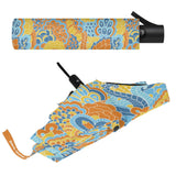 Pinsa Auto Open & Close Umbrella - Retro Psychedelic Flower Power Floral Paisley Funky Compact Bold Vibrant Portable Blue Orange Yellow