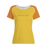 Pinsa Color Block Women's Stretchy Logo Crewneck Casual Spandex Silky  Tee - Yellow Orange 