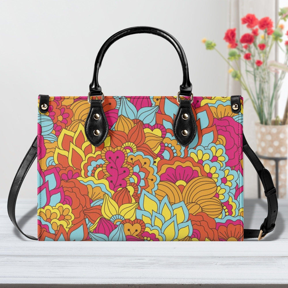 Inela Box Satchel - Flower Power Retro Vibrant Floral Bold Psychedelic Faux Leather Shoulder Handbag Small Medium Large - Funky Red Pink Orange Yellow