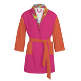 Inela Color Block Lightweight Short Pink & Orange Bathrobe Flower Power Retro Vibrant Robe Travel Pockets Self Tie Belted Women's