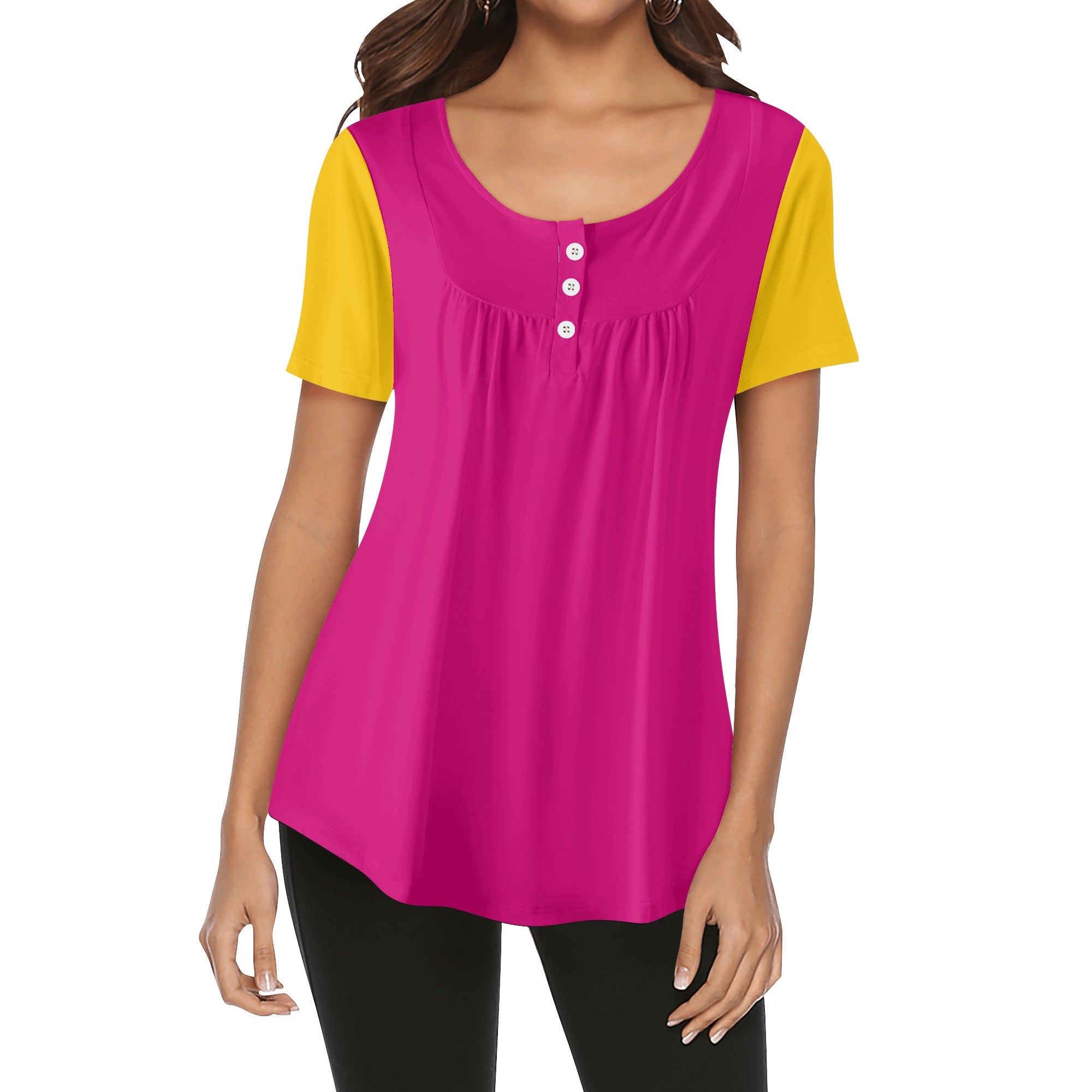 Flight 929 Pink Yellow Scoop Neck Contrast Relaxed  Babydoll Top Plus Sizes- Bold Vibrant Airline Series 