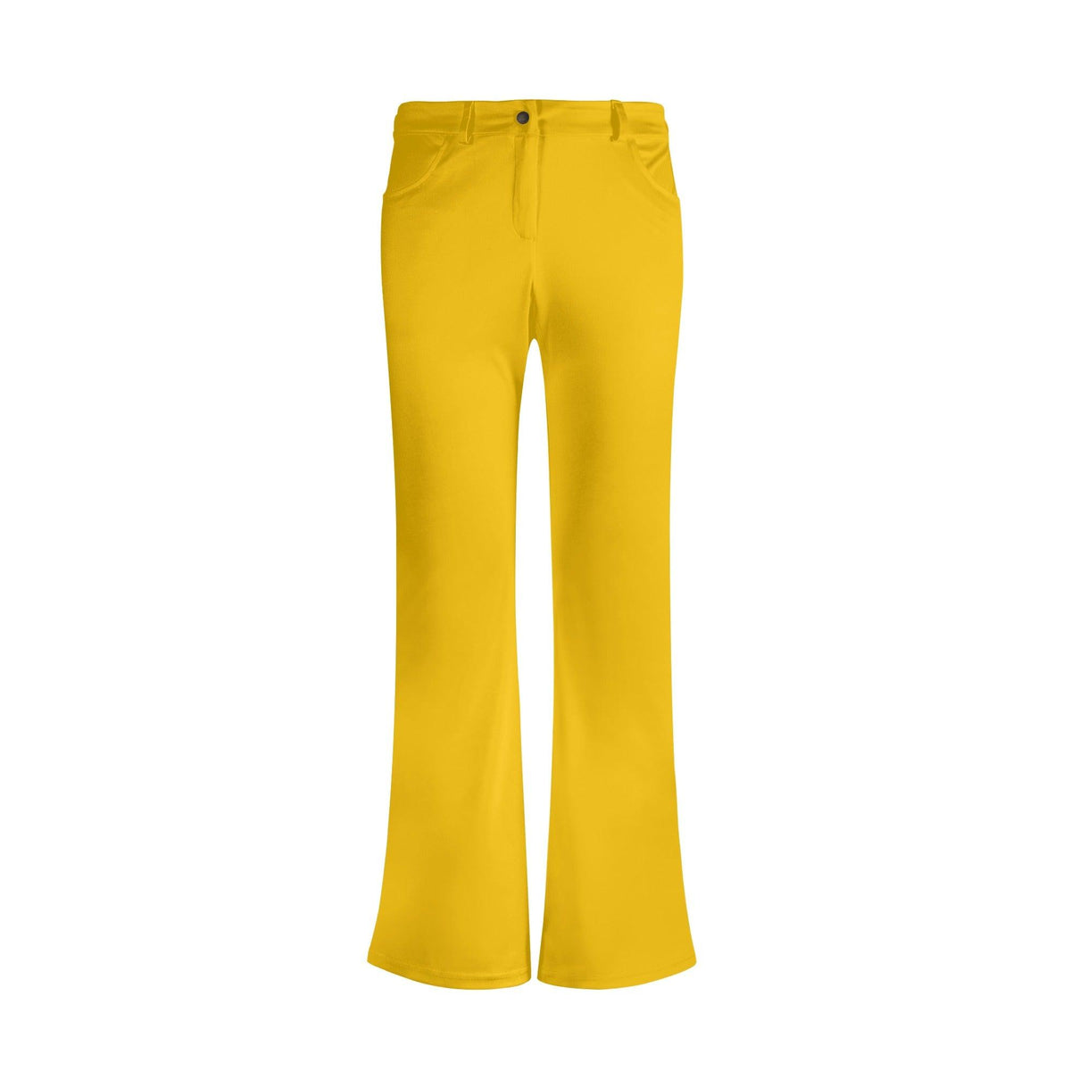 Airline Series Yellow Flare Zip Leggings Pants - Bell Bottoms Mod Retro Bright Vibrant Bold Solid Shimmery Belted Zipper Pockets Funky