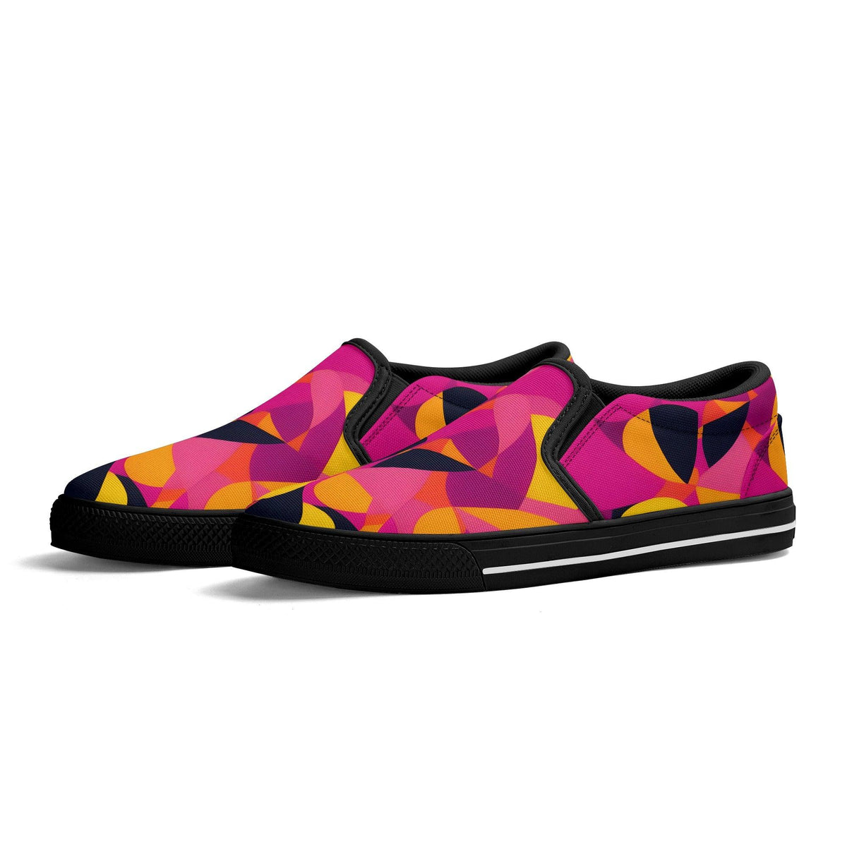 Airline Series - Women's Canvas Slip On Skater Shoes - Abstract Multicolor Black Pink Orange Yellow Retro Funky Mod Bold Vibrant Streetwear Casual Statement - Blissfully Brand - Munich Psychedelic 70's pop art Geometric