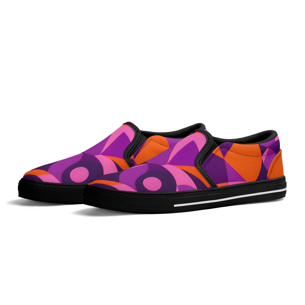 Ailrine Series 239 Canvas Slip On Skater Shoes - Abstract Geometric Violet Pink Orange Multicolor Funky Bold Artistic Retro Mod Women's Black Casual Blissfully Brand Psychedelic 70's pop art