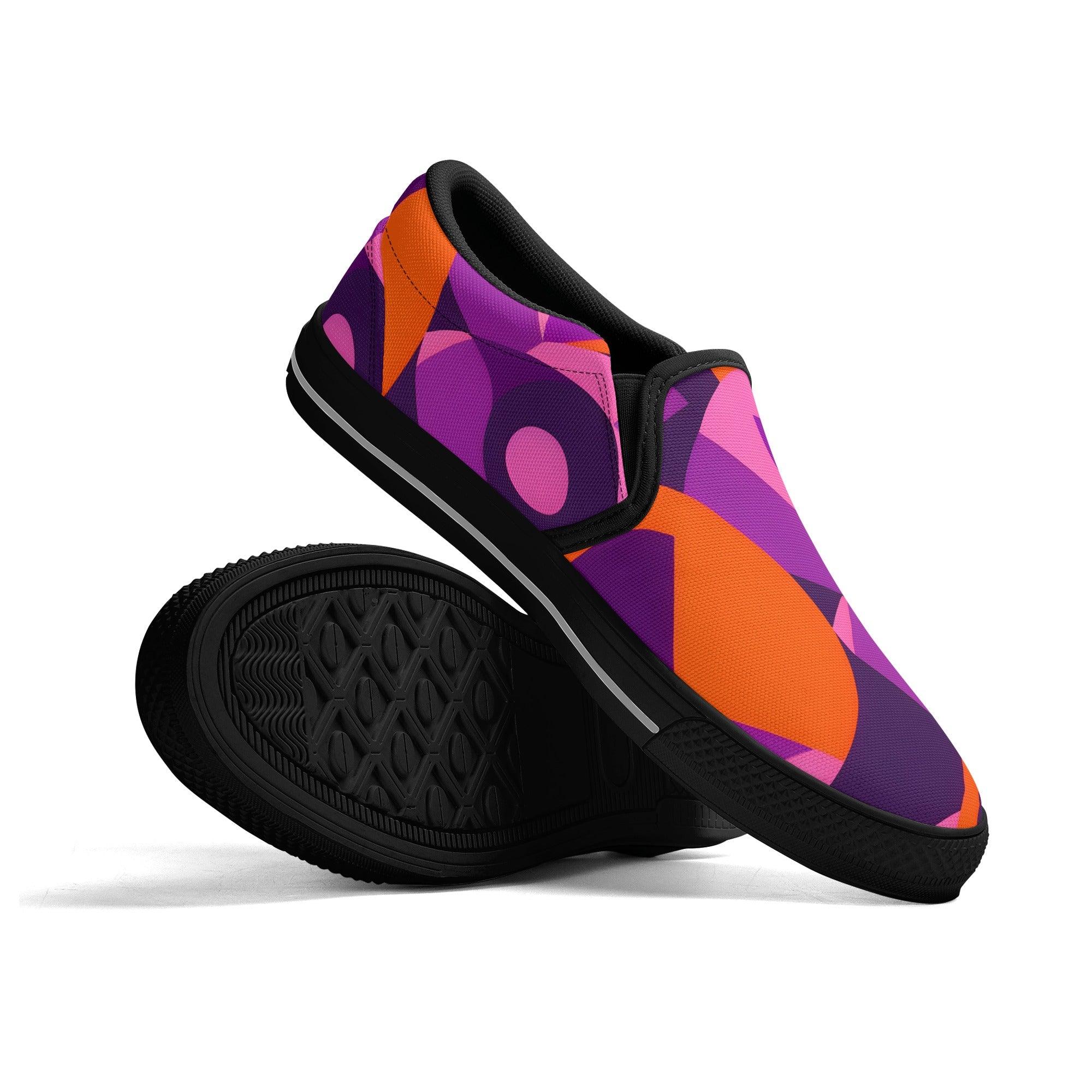Ailrine Series 239 Canvas Slip On Skater Shoes - Abstract Geometric Violet Pink Orange Multicolor Funky Bold Artistic Retro Mod Women's Black Casual Blissfully Brand