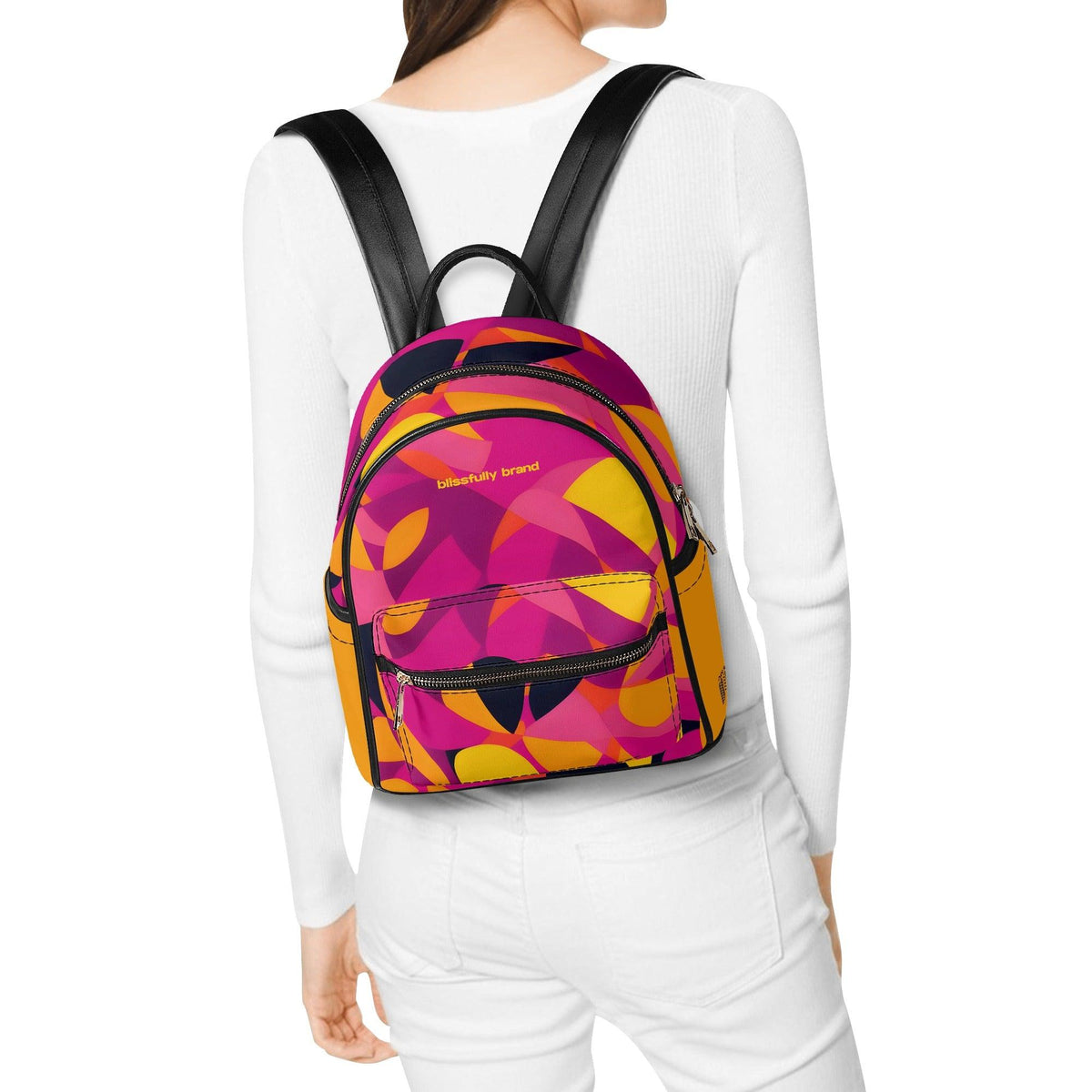Airline Series Small Vegan Leather Backpack - Abstract Pink Yellow Orange Retro Mod Funky Day Pack Bold Vibrant Travel Urban Women's All Over Print Blissfully Brand Flight 929 Munich