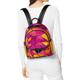 Airline Series Small Vegan Leather Backpack - Abstract Pink Yellow Orange Retro Mod Funky Day Pack Bold Vibrant Travel Urban Women's All Over Print Blissfully Brand Flight 929 Munich