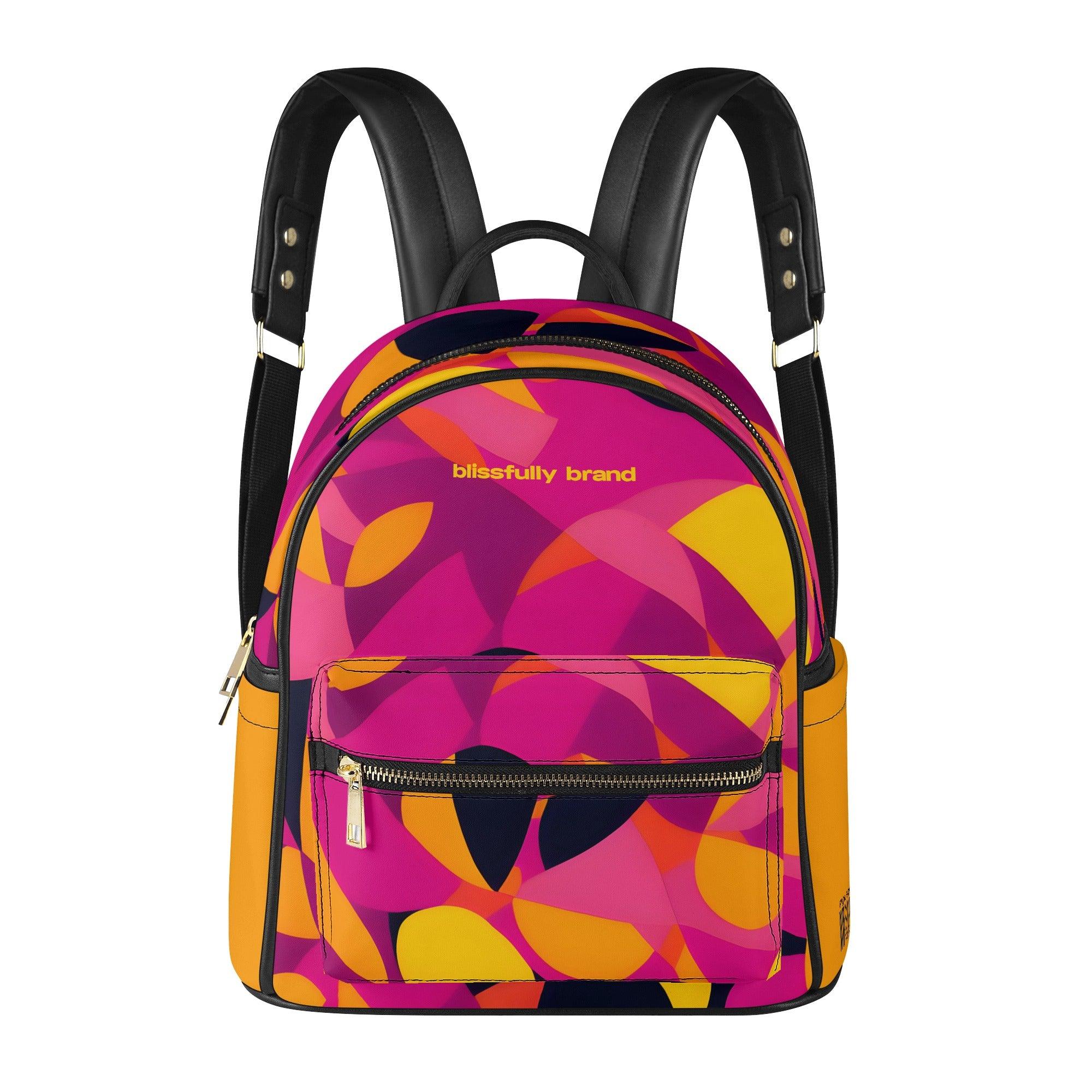 Airline Series Small Vegan Leather Backpack - Abstract Pink Yellow Orange Retro Mod Funky Day Pack Bold Vibrant Travel Urban Women's All Over Print Blissfully Brand Flight 929 Munich Psychedelic 70's pop art Geometric