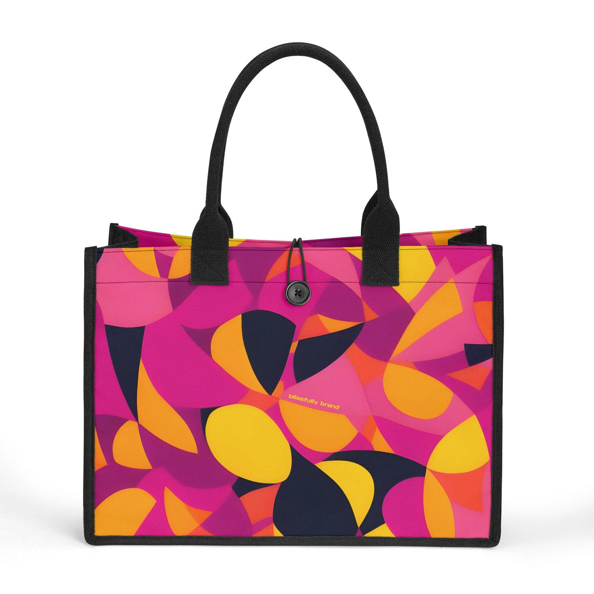 Airline Series Button Tie Canvas Tote Bag - Abstract Multicolor Print Medium Large Durable Handbag Mod Retro Bold Pink Orange Yellow Funky Blissfully Brand Flight 929 Munich Psychedelic 70's pop art Geometric