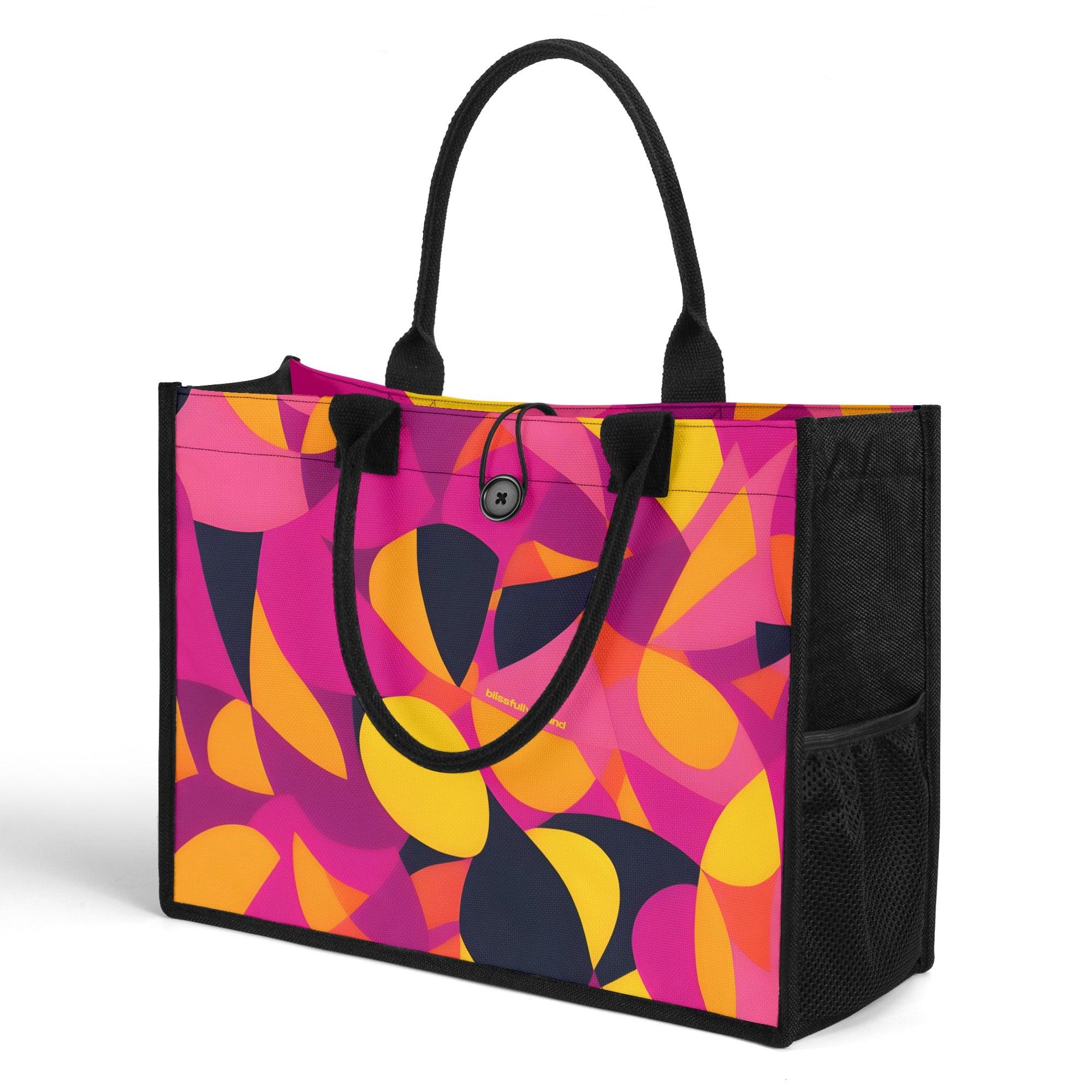 Airline Series Button Tie Canvas Tote Bag - Abstract Multicolor Print Medium Large Durable Handbag Mod Retro Bold Pink Orange Yellow Funky Blissfully Brand Flight 929 Munich
