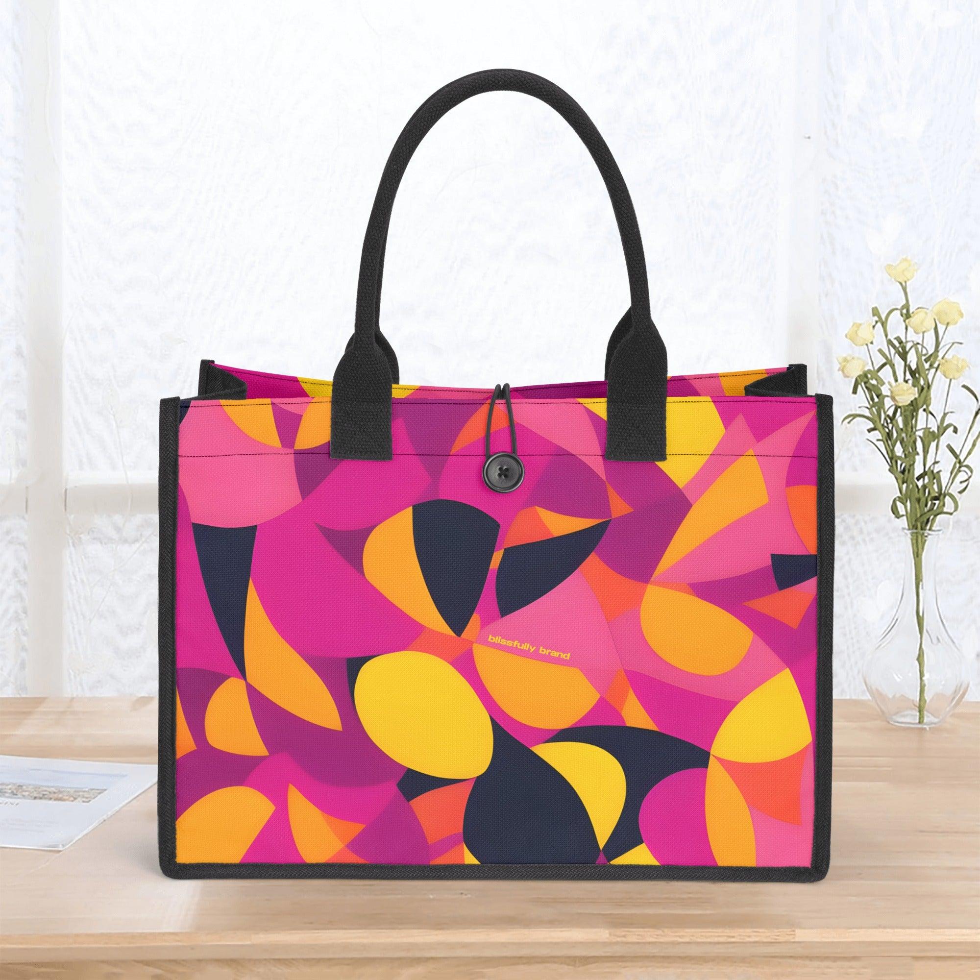 Airline Series Button Tie Canvas Tote Bag - Abstract Multicolor Print Medium Large Durable Handbag Mod Retro Bold Pink Orange Yellow Funky Blissfully Brand Flight 929 Munich