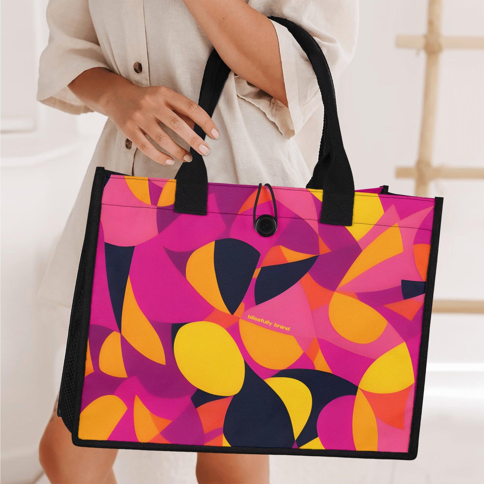 Airline Series Button Tie Canvas Tote Bag - Abstract Multicolor Print Medium Large Durable Handbag Mod Retro Bold Pink Orange Yellow Funky Blissfully Brand Flight 929 Munich