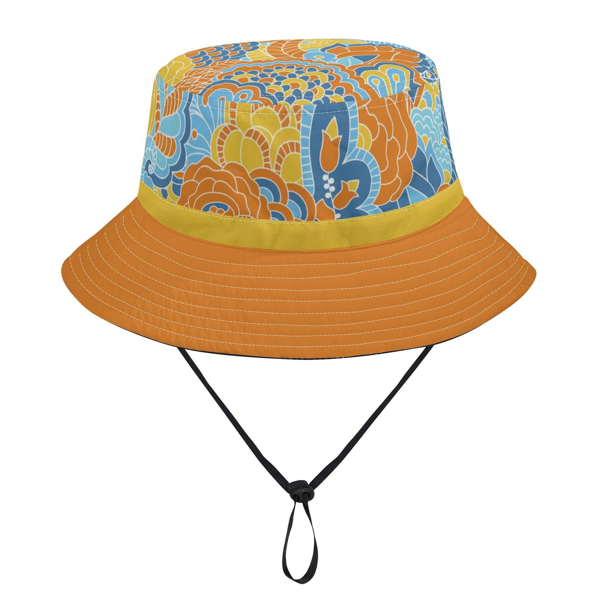 Pinsa Psychedelic Paisley Floral Bucket Hat with Adjustable String Retro Funky Bold Vibrant Pattern Blue Orange Yellow Blissfully Brand Summer Sun Cap