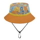 Pinsa Psychedelic Paisley Floral Bucket Hat with Adjustable String Retro Funky Bold Vibrant Pattern Blue Orange Yellow Blissfully Brand Summer Sun Cap