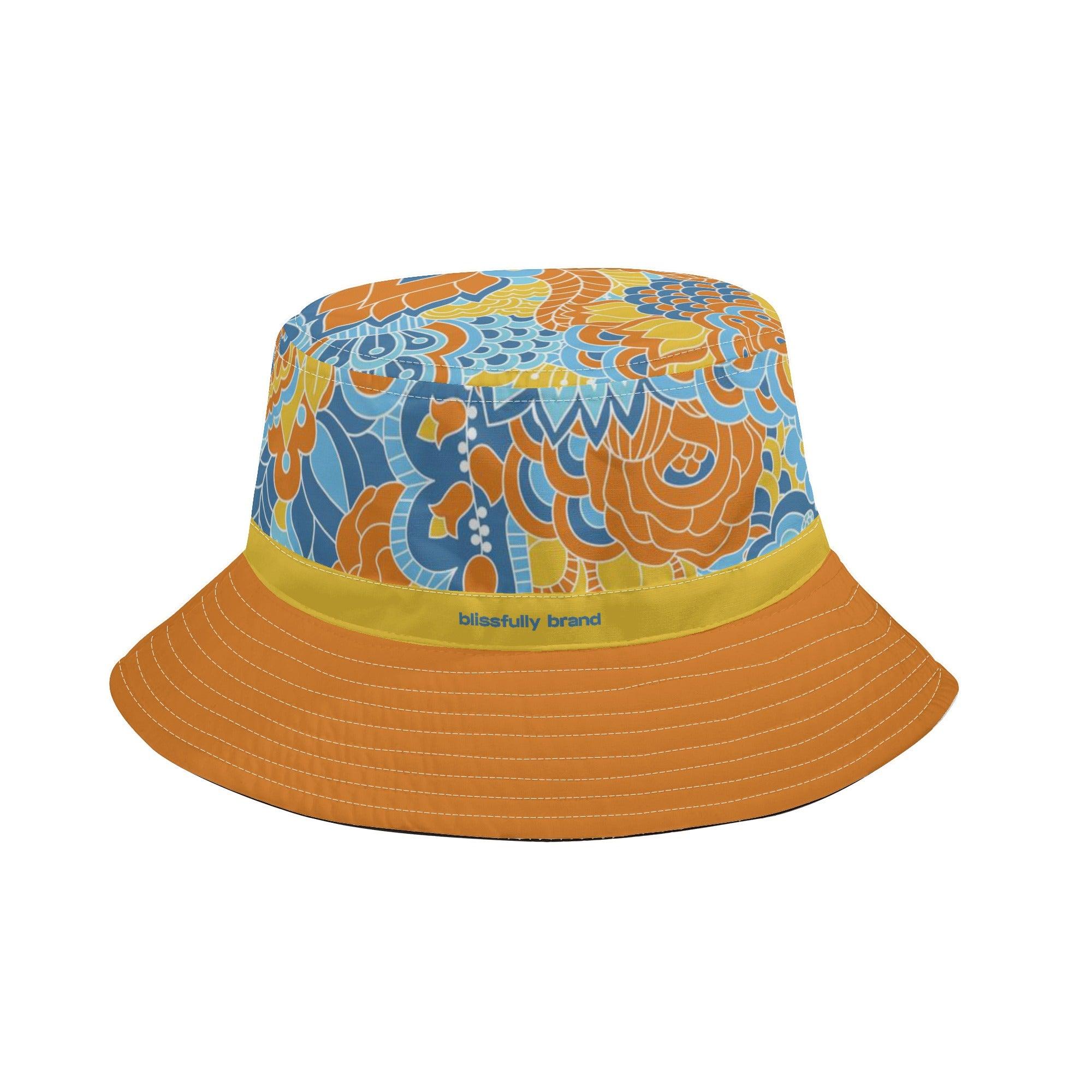 Pinsa Psychedelic Paisley Floral Bucket Hat with Adjustable String Retro Funky Bold Vibrant Pattern Blue Orange Yellow Blissfully Brand Summer Sun Cap