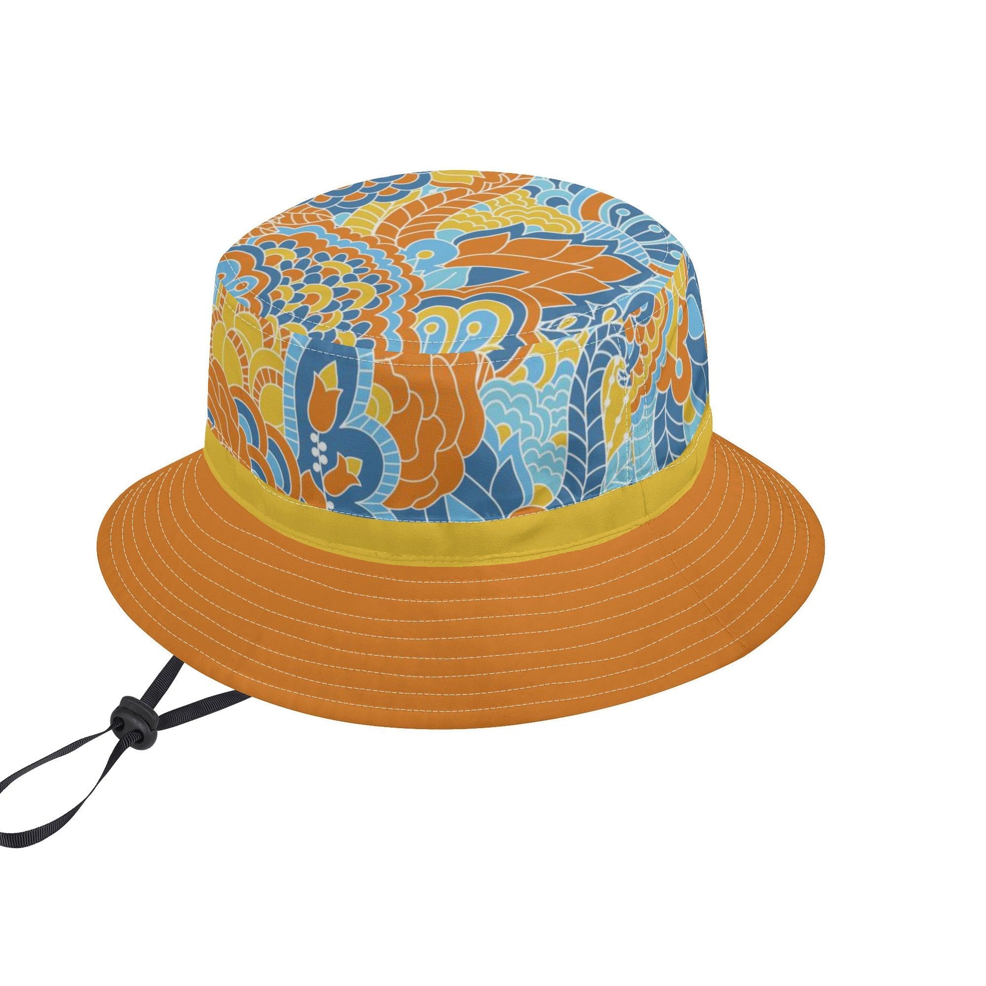 Pinsa Psychedelic Paisley Floral Bucket Hat with Adjustable String Retro Funky Bold Vibrant Pattern Blue Orange Yellow Blissfully Brand Summer Sun Cap