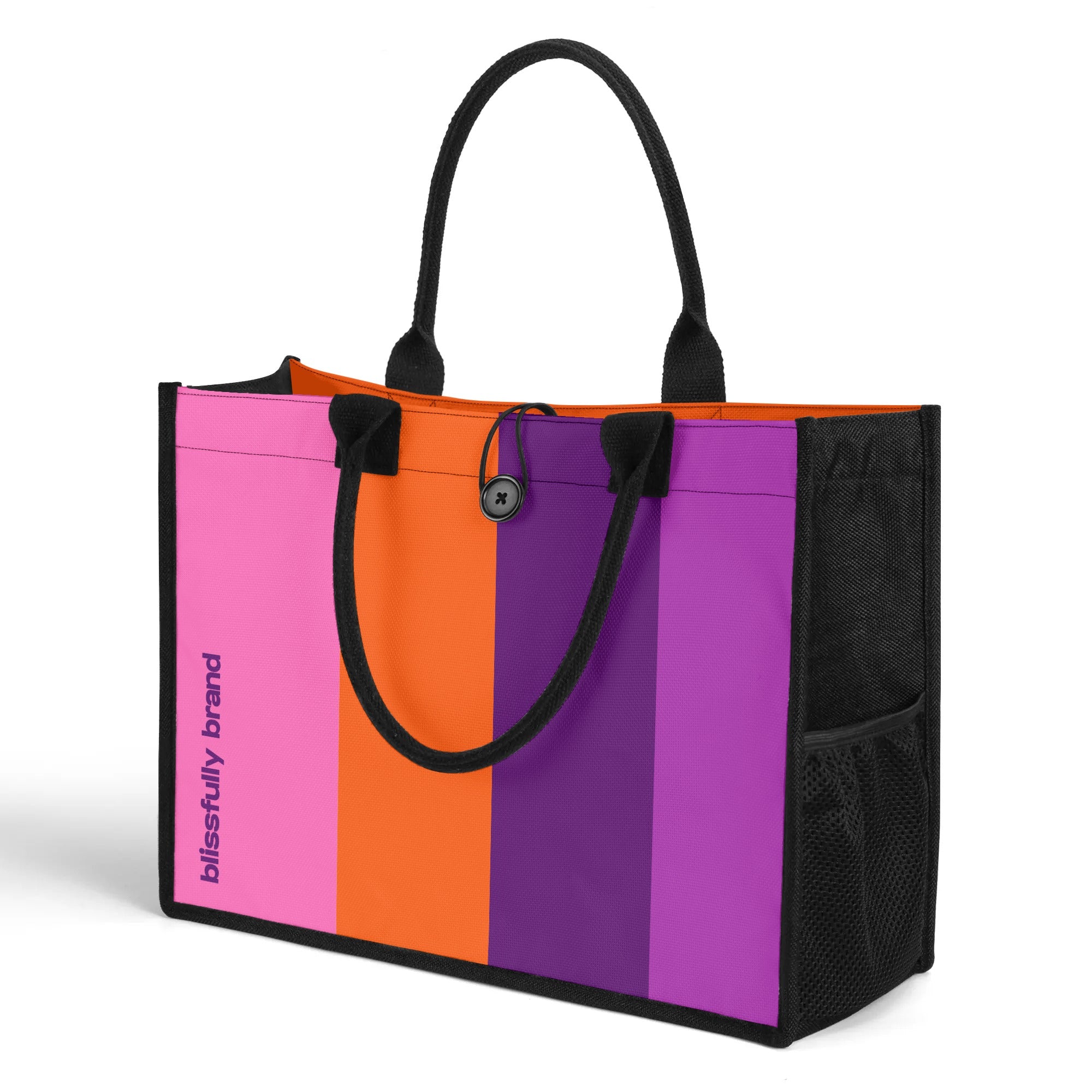 Color block tote bag Violet Purple Orange Pink Stripes Designer everyday shopper tote bold Contemporary design Blissfully Brand Airline Series
