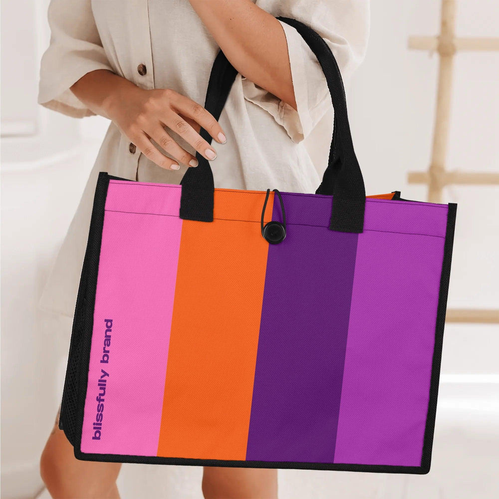 Color block tote bag Violet Purple Orange Pink Stripes Designer everyday shopper tote bold Contemporary design Blissfully Brand Airline Series