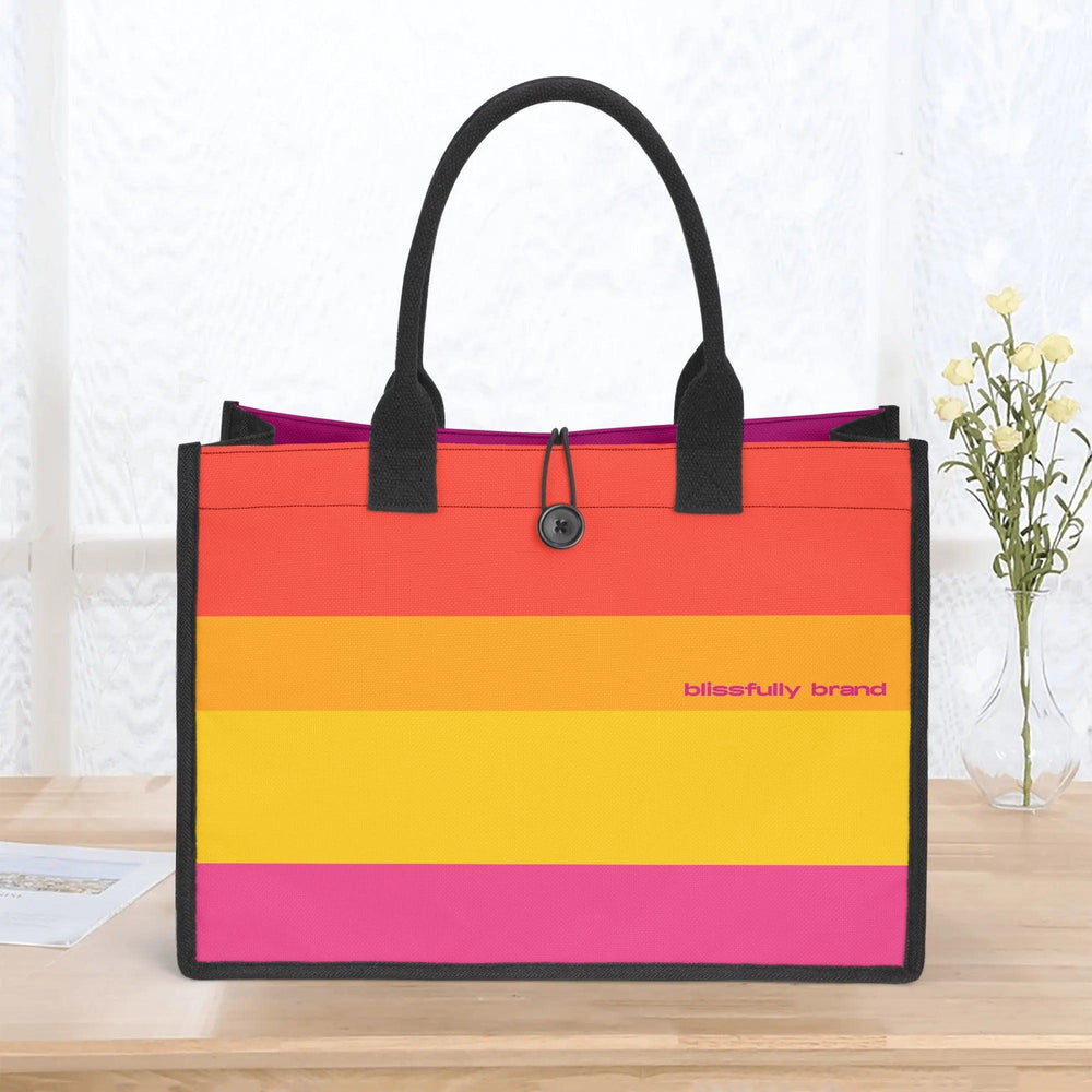 Multicolor Orange Yellow Pink Tote Bag Shopper Travel Tote Canvas Striped Color Block Everyday Designer Tote Bag Handbag Munich Airline Series Blissfully Brand