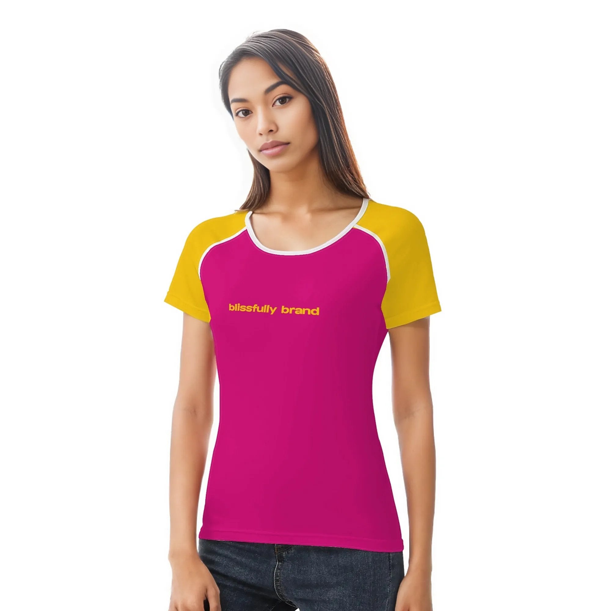 Airline Series Pink Yellow Color Block Crewneck Stretchy Logo Tee Streetwear Silky Fitted Chic Hip Bold Contrast Vibrant Statement Summer Casual Blissfully Brand